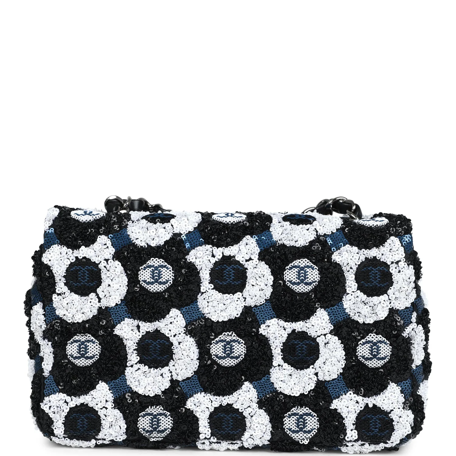 Chanel Mini Rectangular Flower Flap Bag Black, Navy and White Sequin Ruthenium Hardware