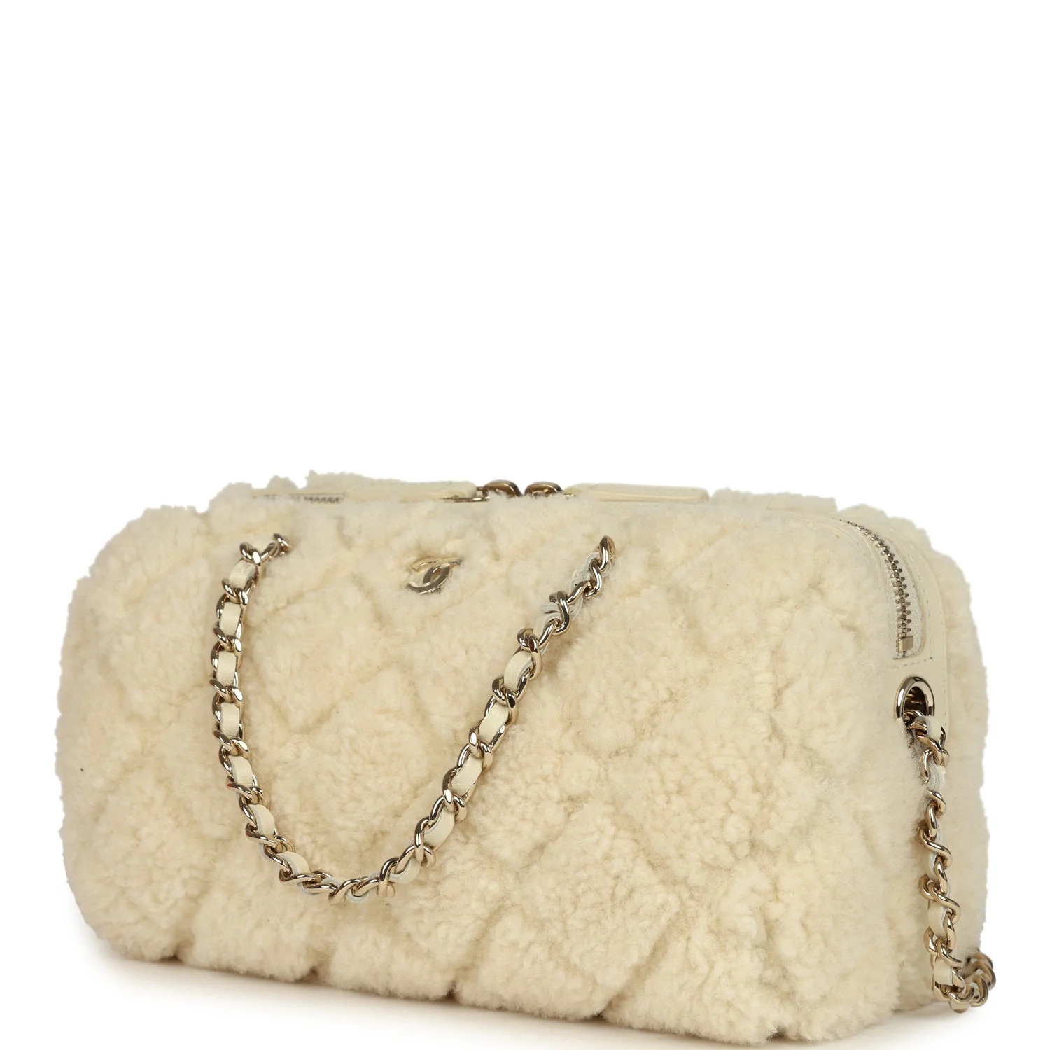 Chanel Mini Timeless Classic Barrel Bag with Chain Beige Shearling Light Gold Hardware