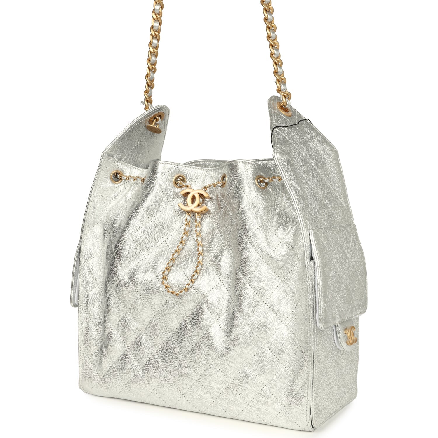 Chanel Medium 25 Hobo Bag Metallic Silver Caviar Antique Gold Hardware