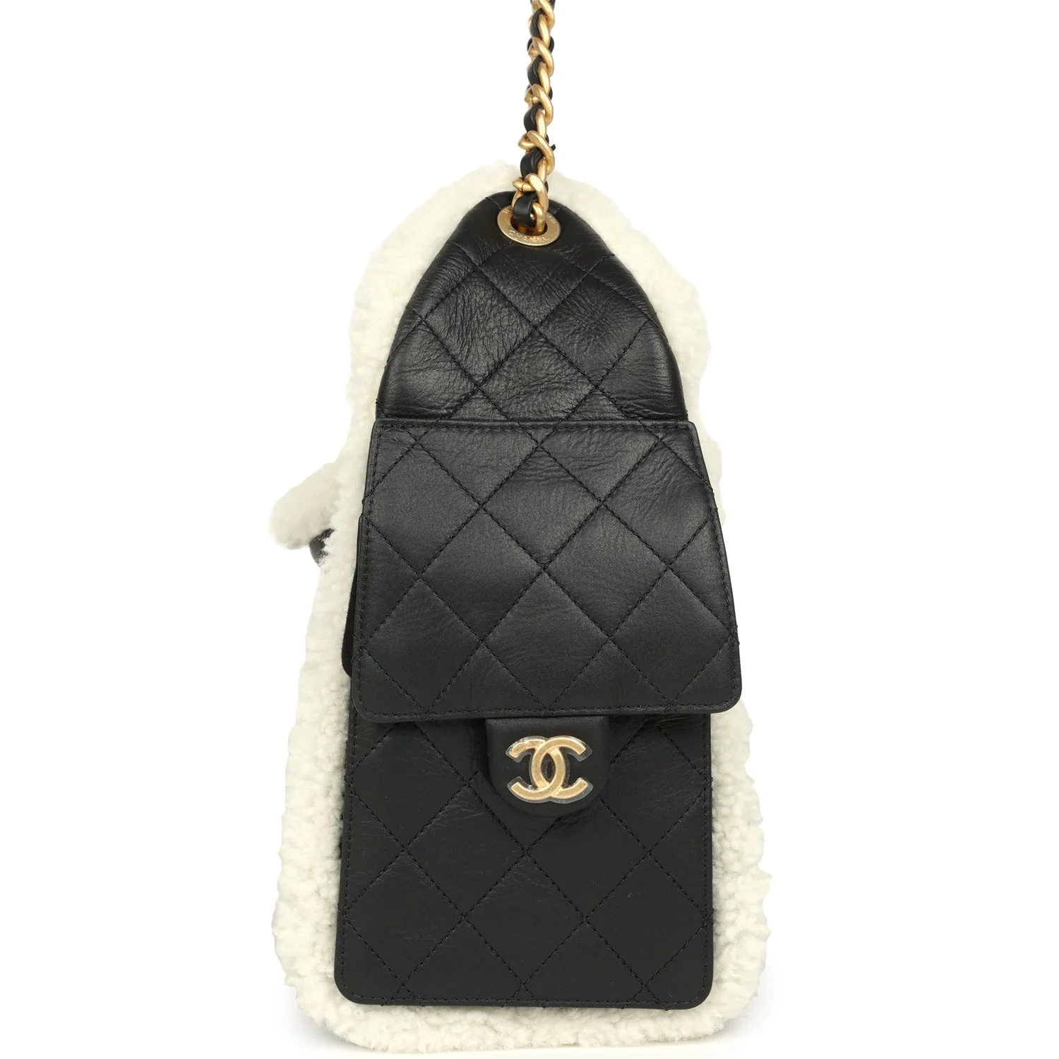 Chanel Small 25 Hobo Bag Black Crumpled Sheepskin and White Shearling Antique Gold Hardware
