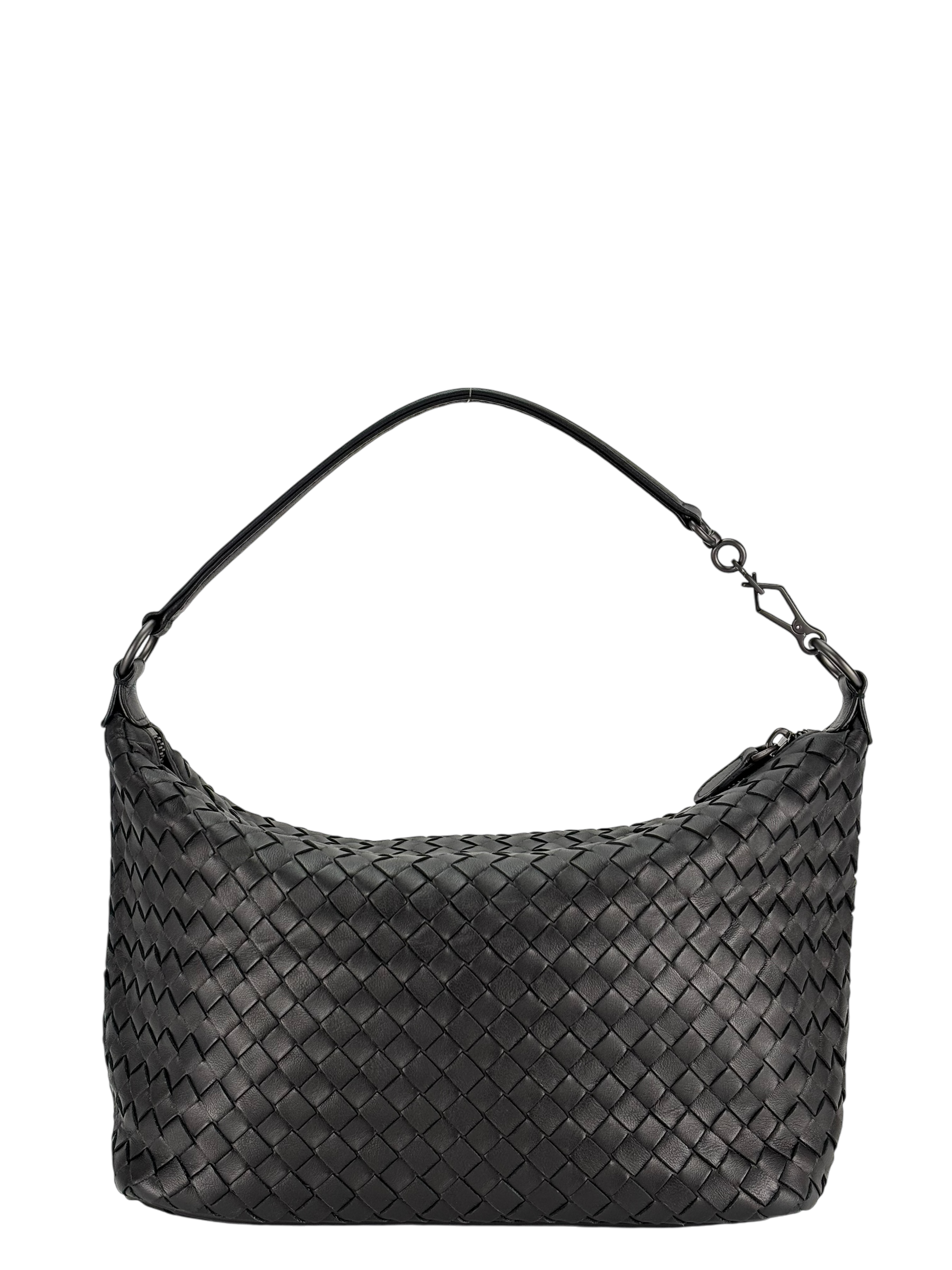 BOTTEGA VENETA - Black Lambskin Hobo Intrecciato Nappa