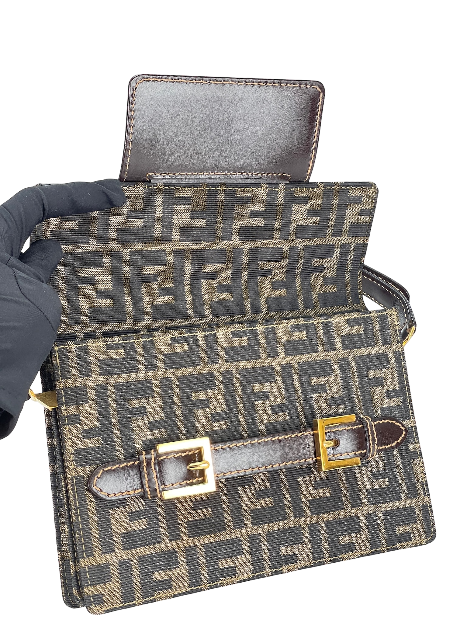 FENDI - Brown Zucca Belt Motif Shoulder Bag