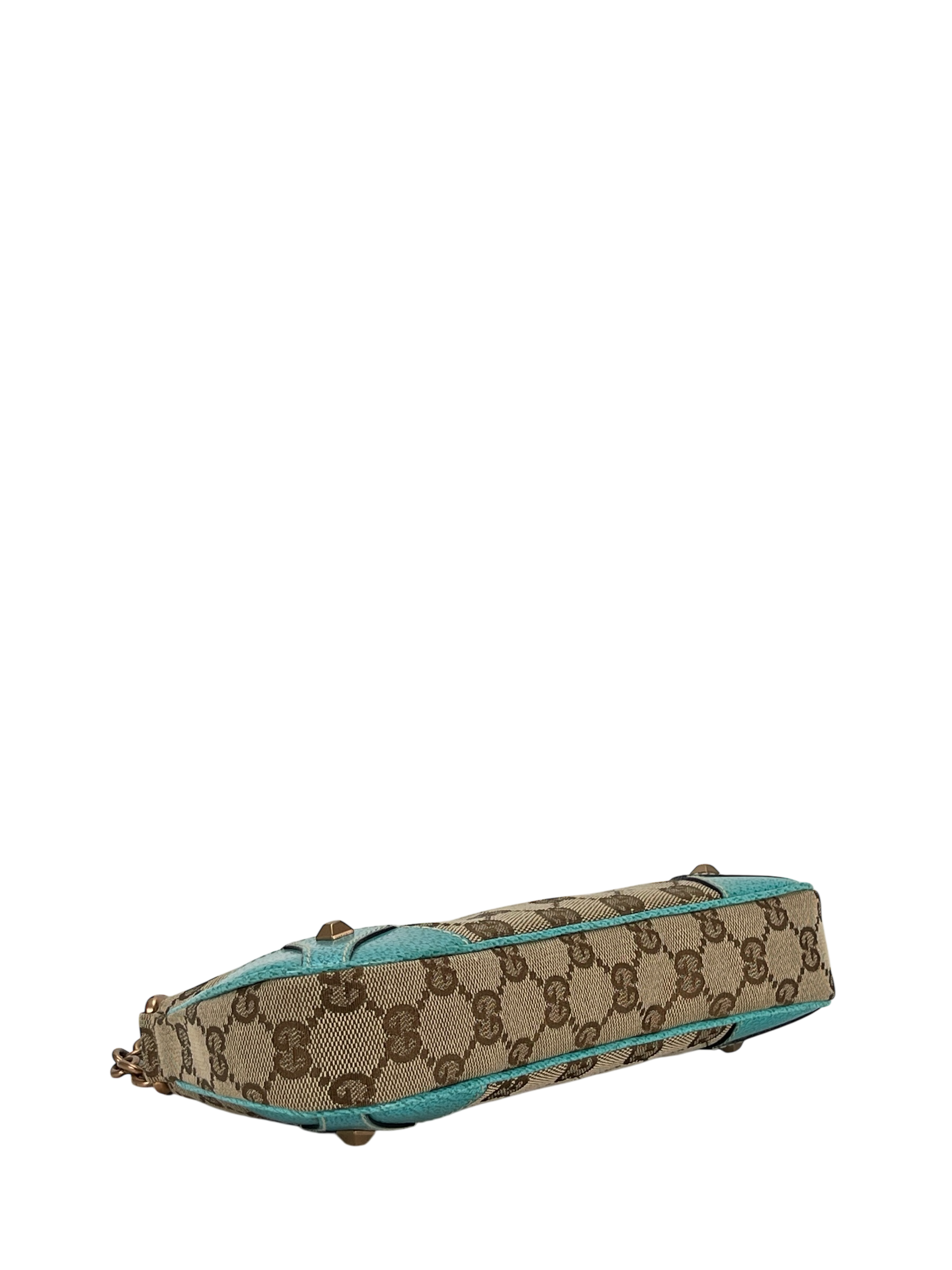 GUCCI - Beige Ophidia Blue Canvas Horsebit Nail Chain Shoulder Bag Pochette