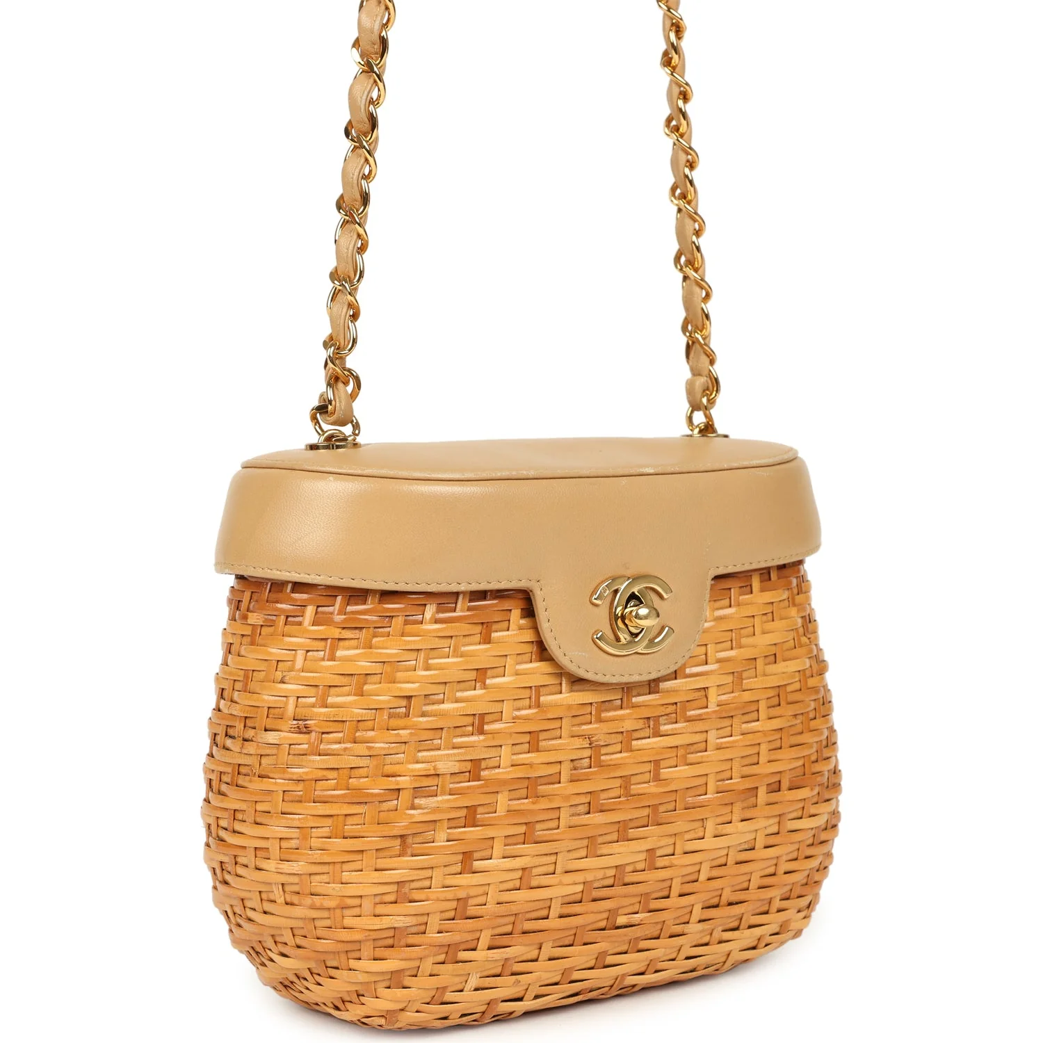 Vintage Chanel Basket Bag Beige Lambskin and Rattan Wicker Gold Hardware