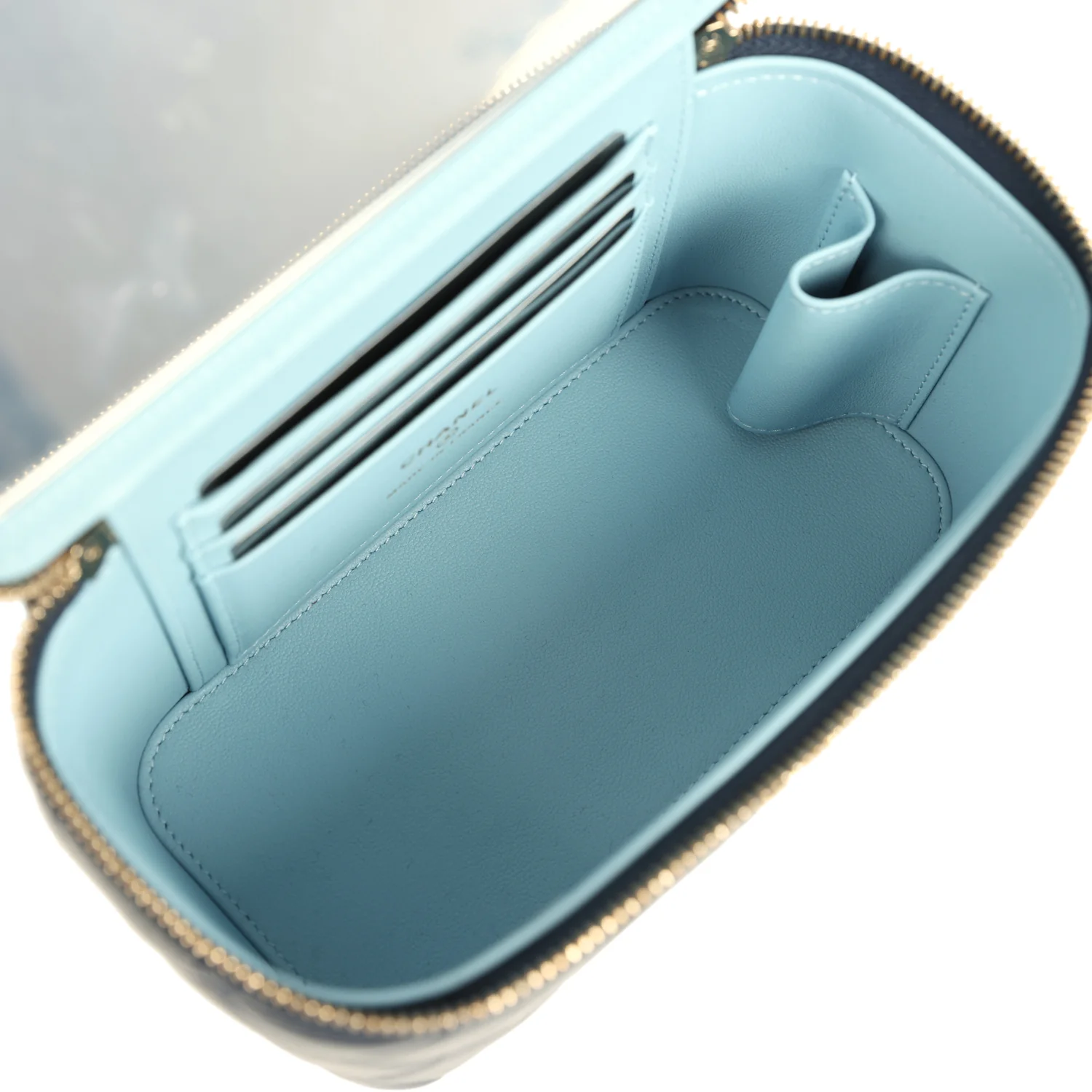 Chanel Small Top Handle Vanity Case Navy & Light Blue Lambskin Light Gold Hardware