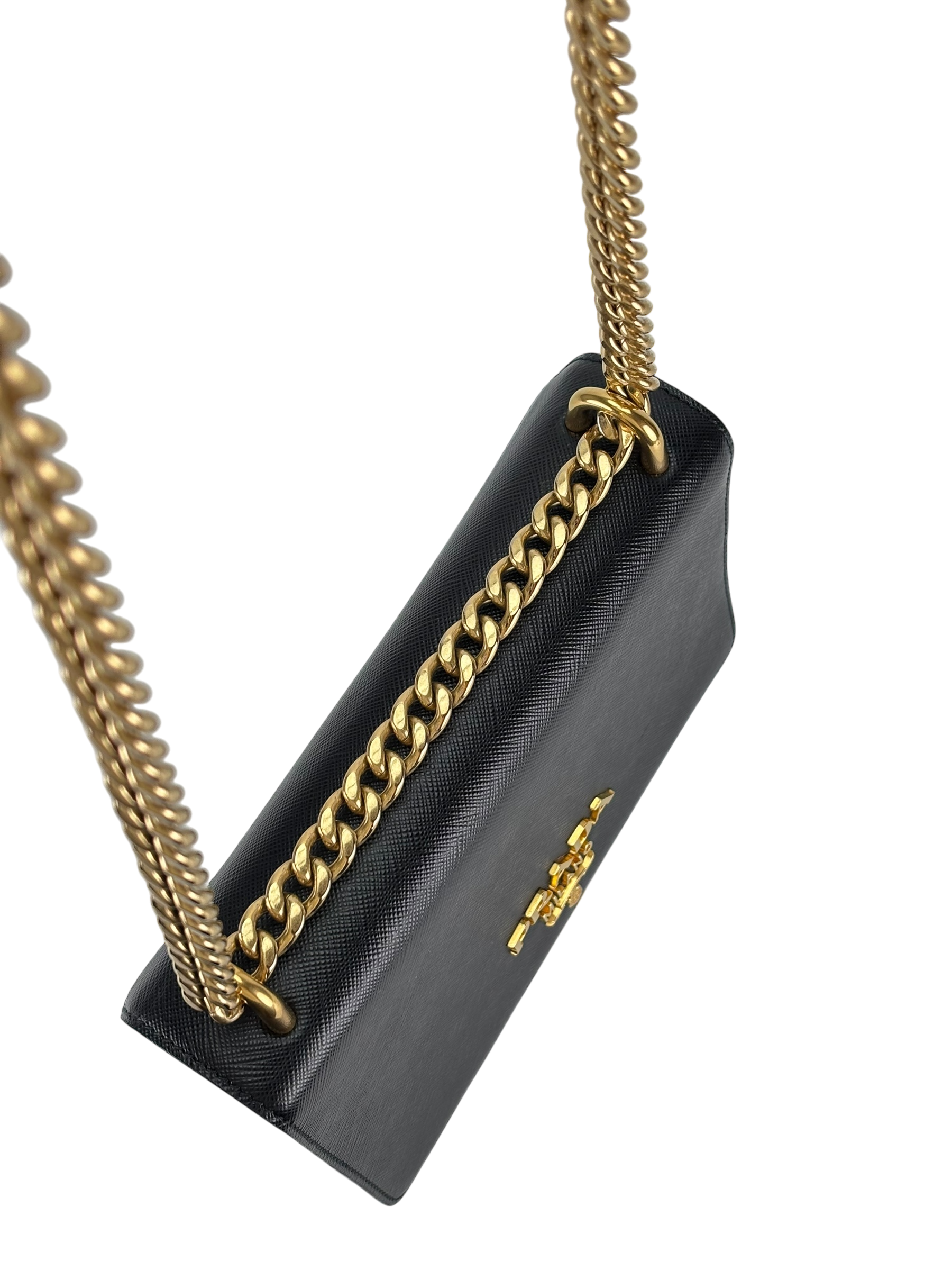 PRADA - Black Leather Saffiano Chain Shoulder Bag Gold Hardware