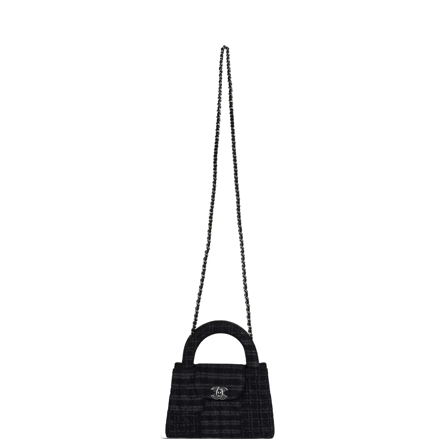 Chanel Small Kelly Shopper Dark Grey and Black Plaid Canvas Ruthenium Hardware