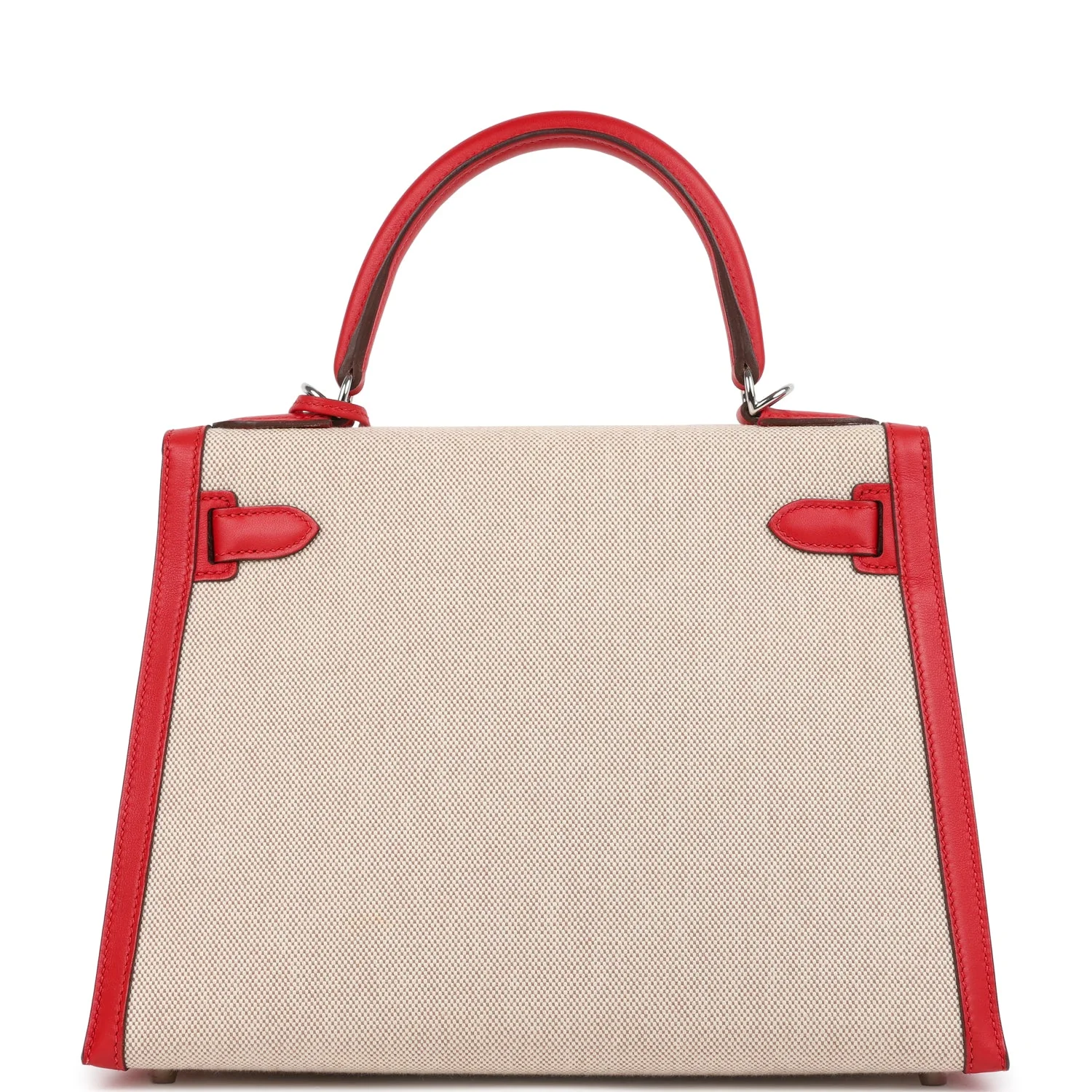 Pre-owned Hermes Kelly Sellier 28 Rouge De Coeur Swift and Beige-Ecru Toile H Canvas Palladium Hardware