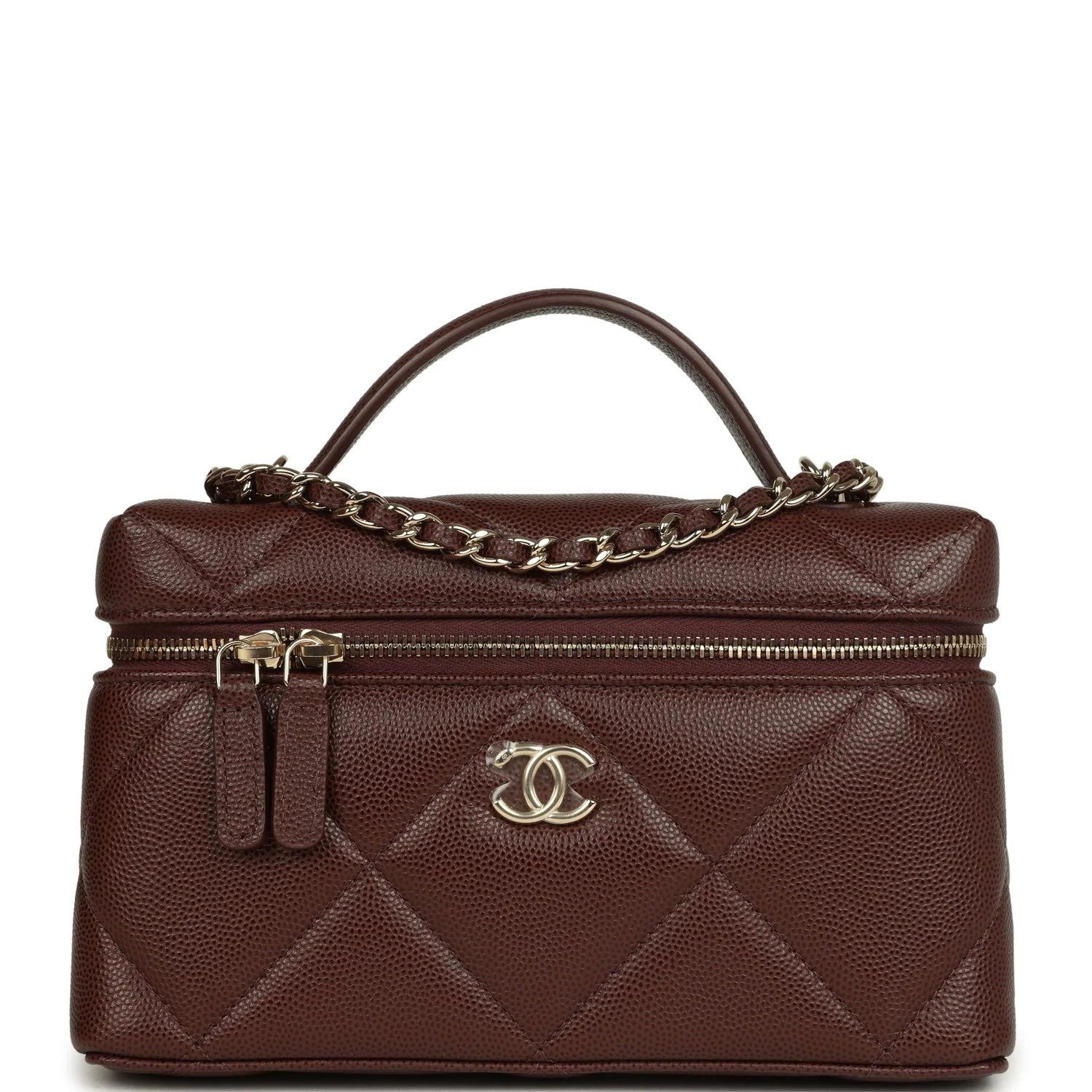Chanel Top Handle Slim Vanity Case with Chain Dark Brown Shiny Caviar Light Gold Hardware