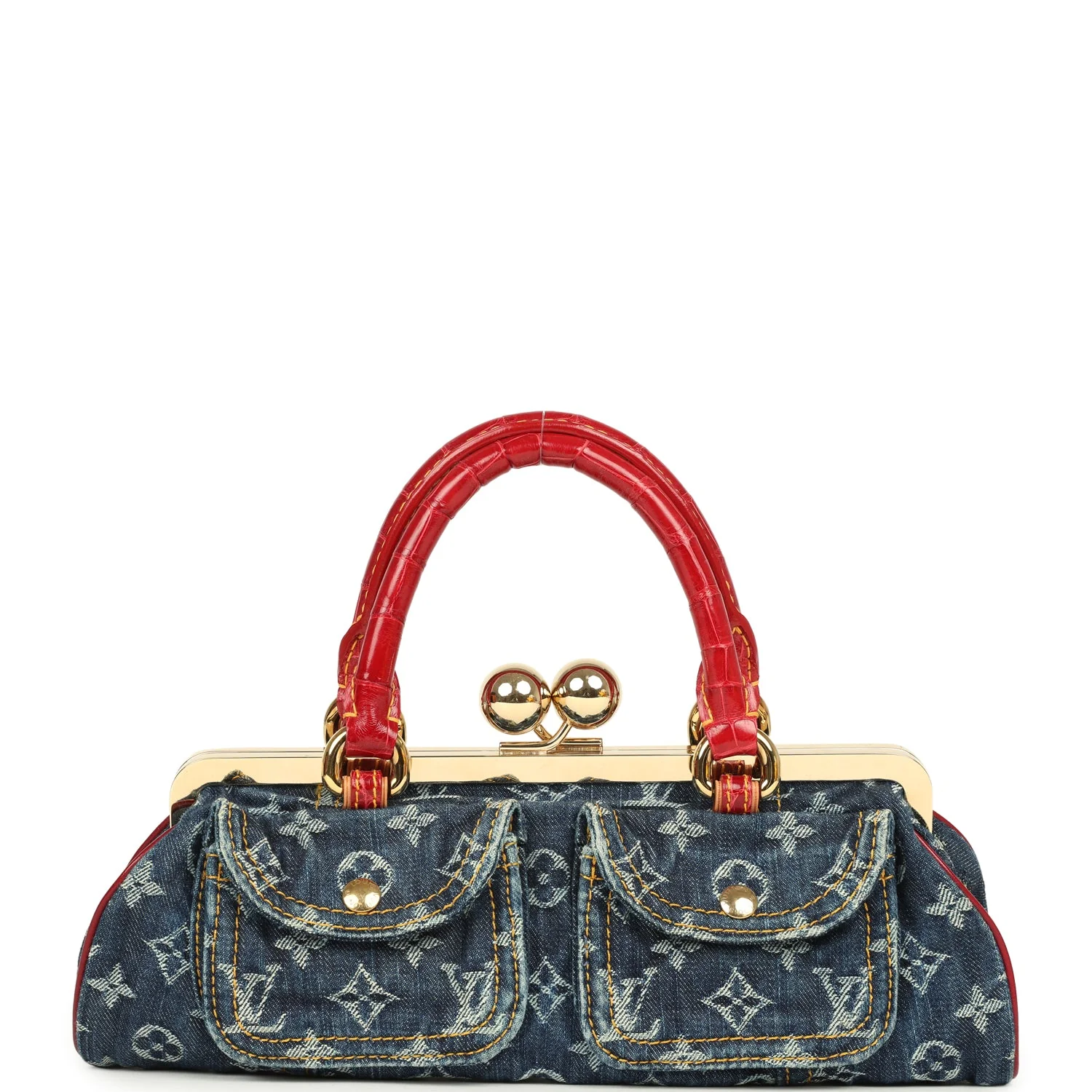 Vintage Louis Vuitton Sac Fermoir GM Bag Blue Monogram Denim and Red Alligator Gold Hardware