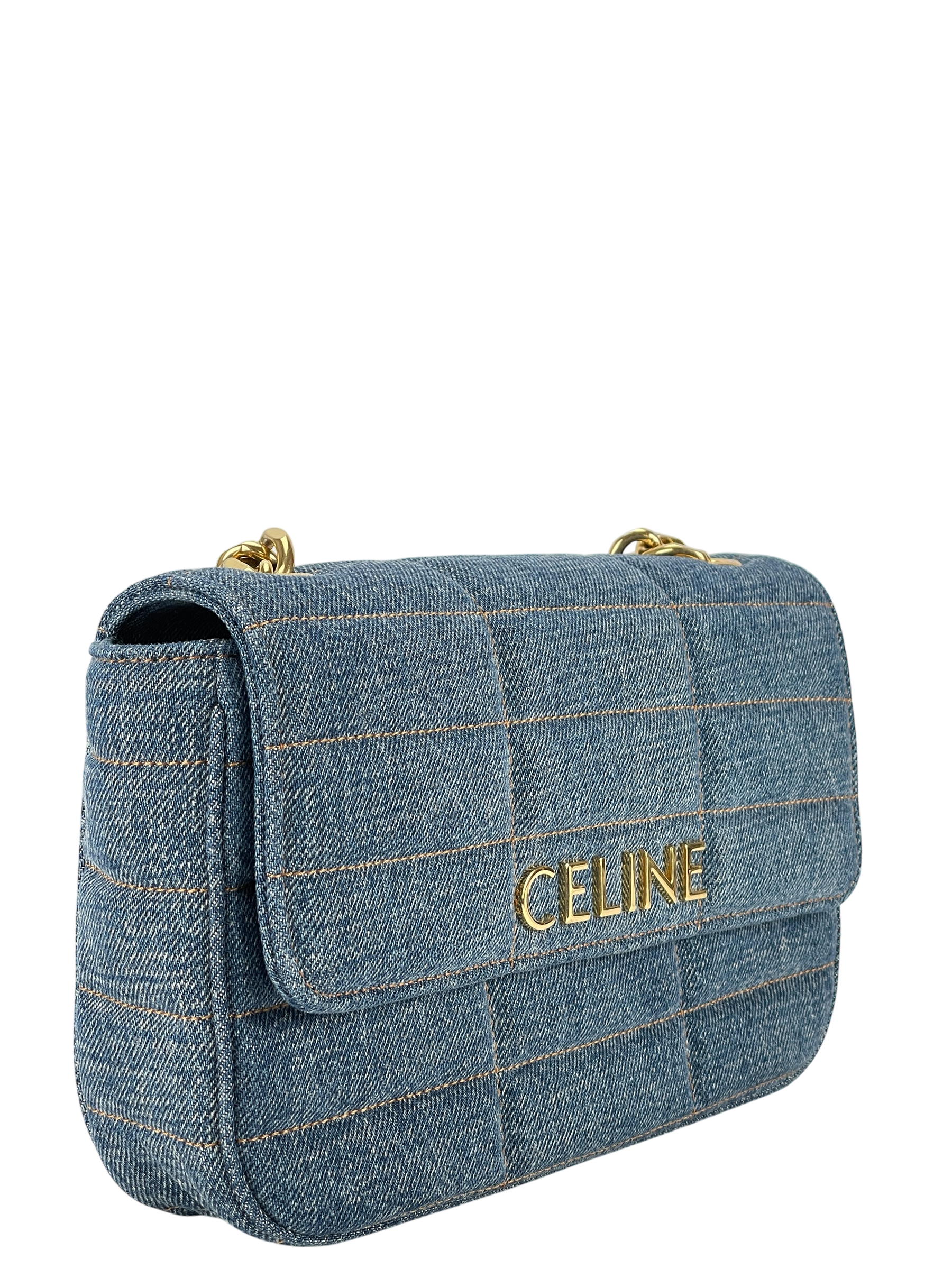 CELINE - Denim Matelasse Logo Shoulder Bag Gold Hardware