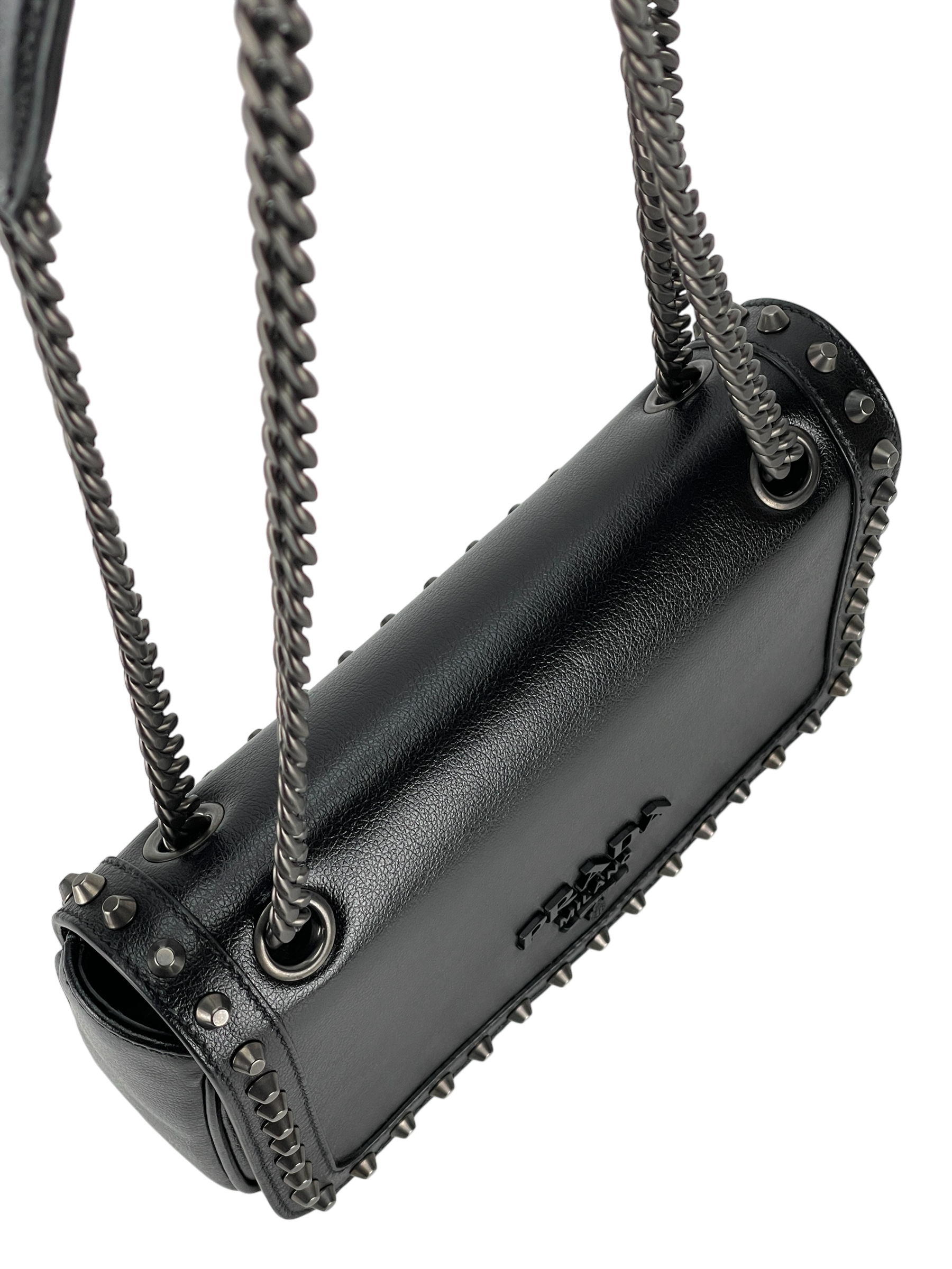 PRADA -  Black Leather Studded Flap Double Chain Shoulder Bag