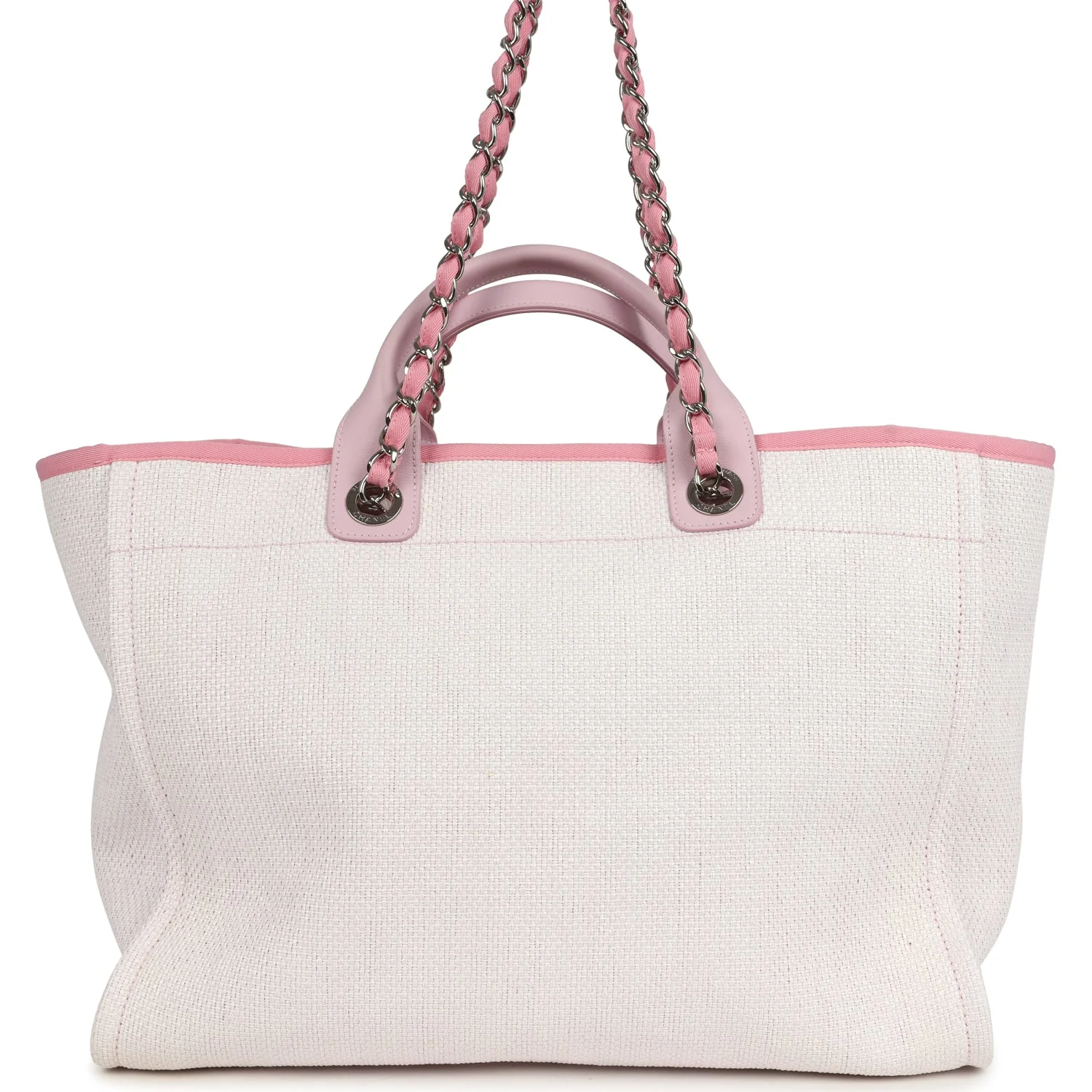 Pre-owned Chanel Medium Deauville Shopping Tote Light Pink Raffia and Canvas Silver Hardware