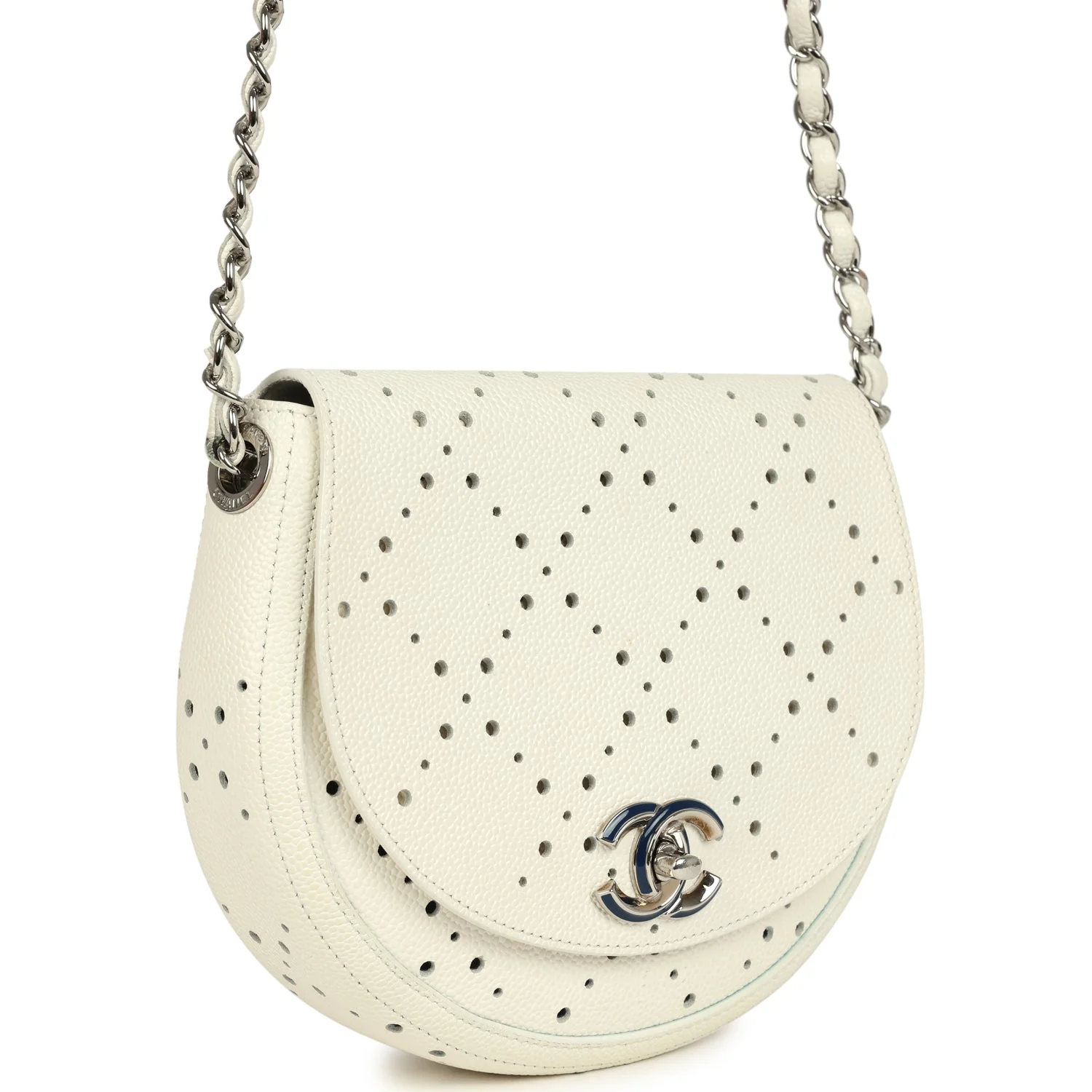 Pre-owned Chanel Perforated Messenger Bag White Caviar Silver Hardware