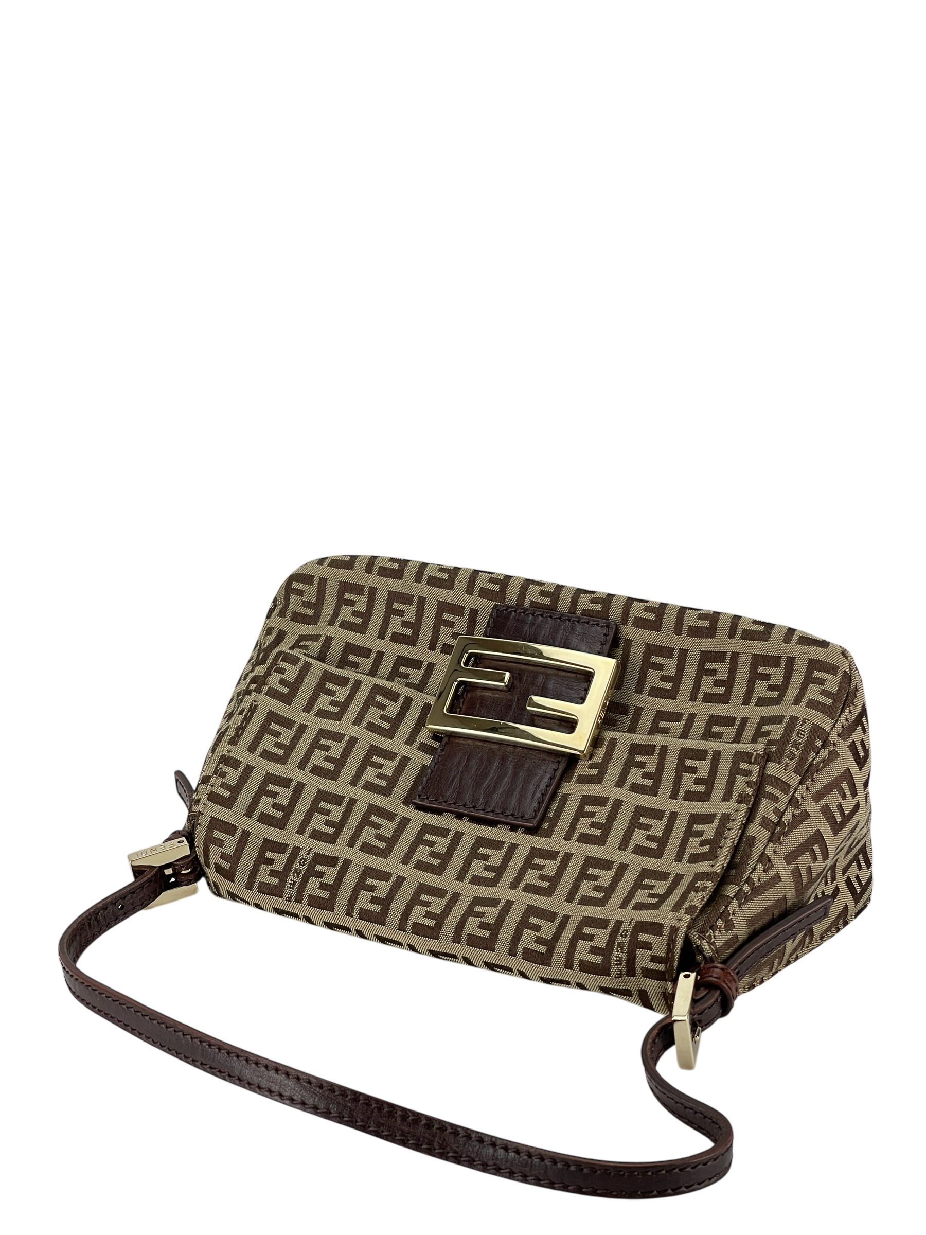 FENDI - Beige Zucca Canvas Leather Shoulder Bag