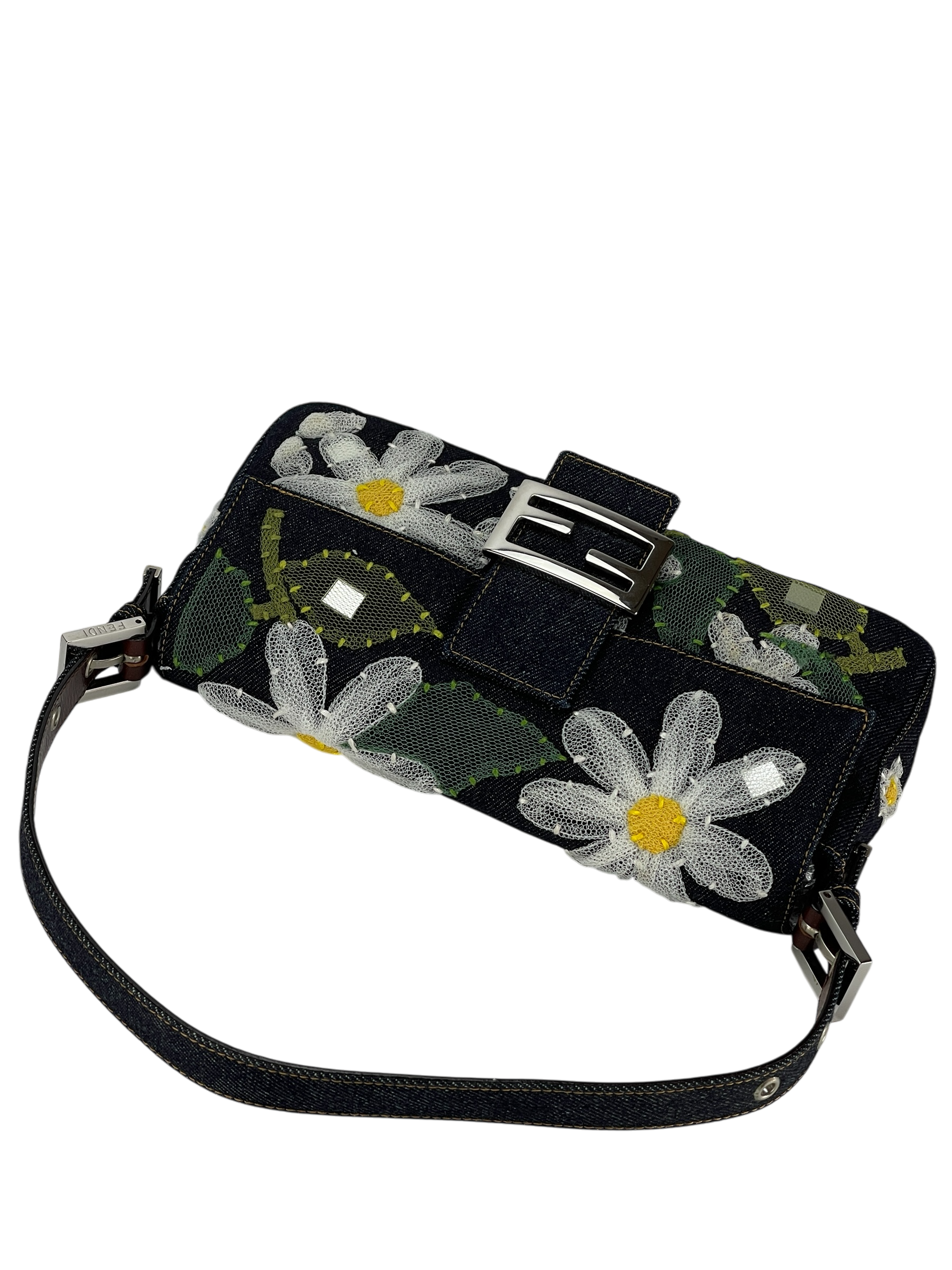 FENDI - Blue Denim Baguette in Dark Embroided Flowers