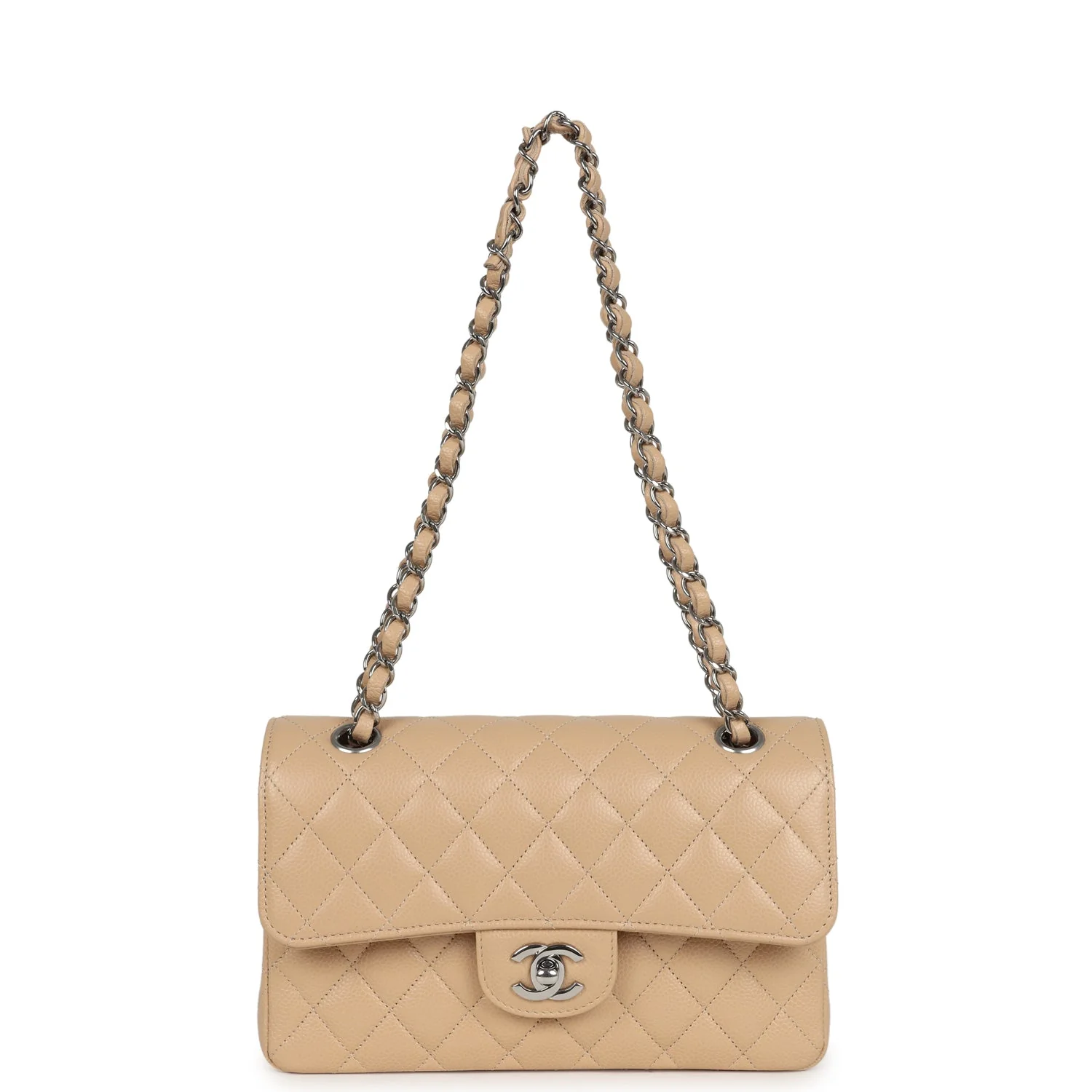 Chanel Small Classic Double Flap Bag Beige Caviar Silver Hardware