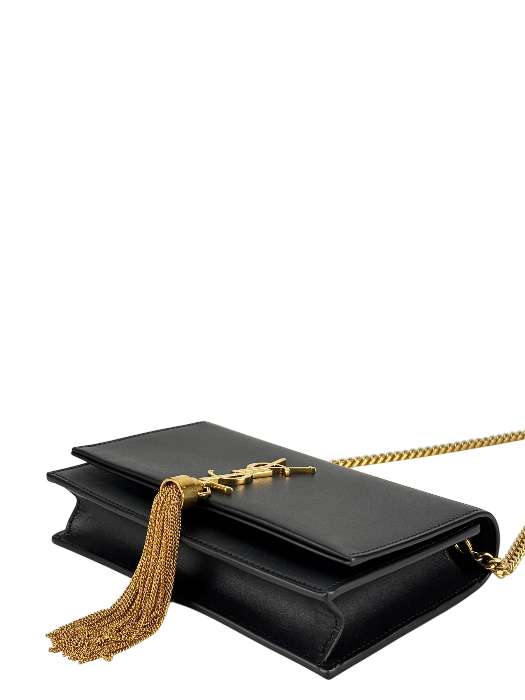 SAINT LAURENT - Black Calfskin Smooth Classic Kate Tassel Chain Wallet Crossbody Bag