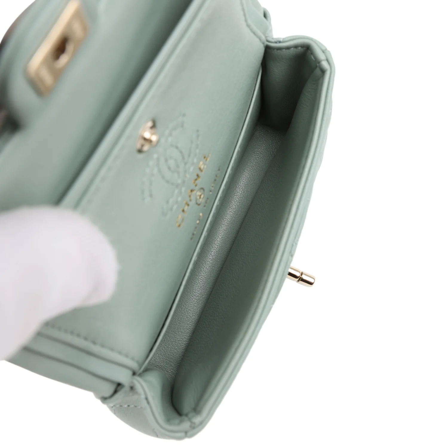 Chanel Nano Classic Double Flap Bag Charm Dark Green Lambskin Light Gold Hardware