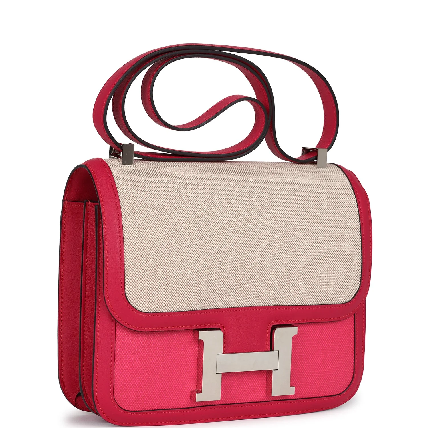 Pre-owned Hermes Constance 24 Rose Shocking and Ecru Toile H Berline and Framboise Swift Palladium Hardware
