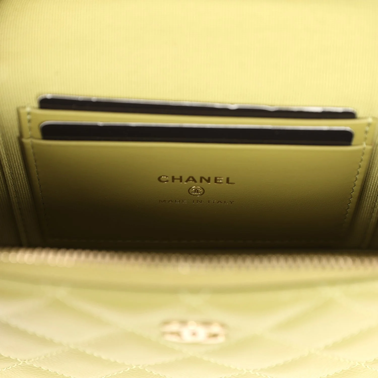 Chanel Top Handle Long Vanity Case with Chain Khaki Shiny Caviar Light Gold Hardware