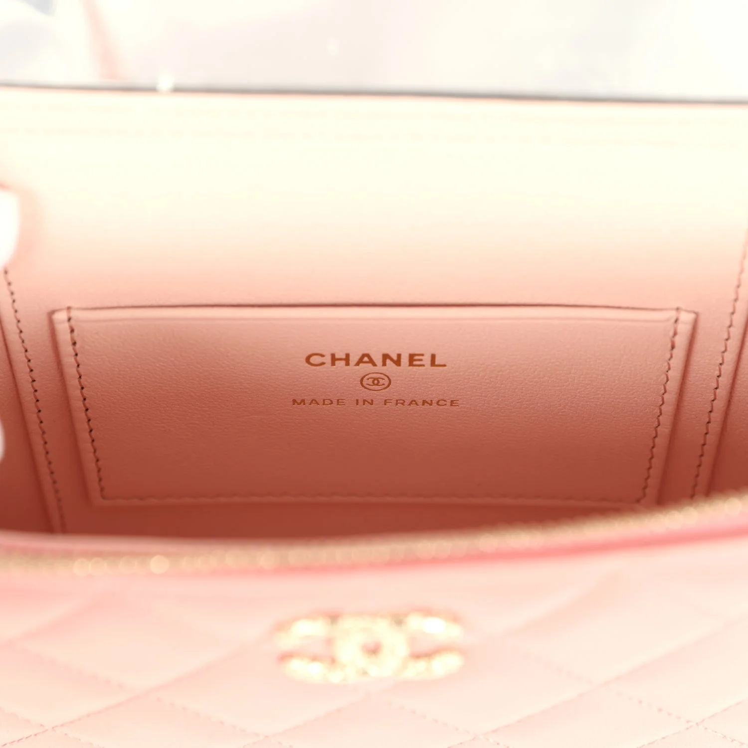 Chanel Flower Top Handle Long Vanity Case with Chain Pink Lambskin Light Gold Hardware