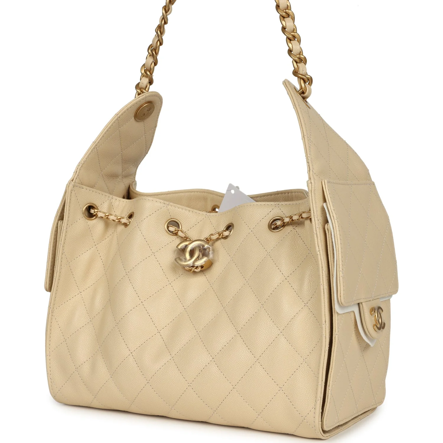 Chanel Small 25 Hobo Bag Light Beige Caviar Antique Gold Hardware