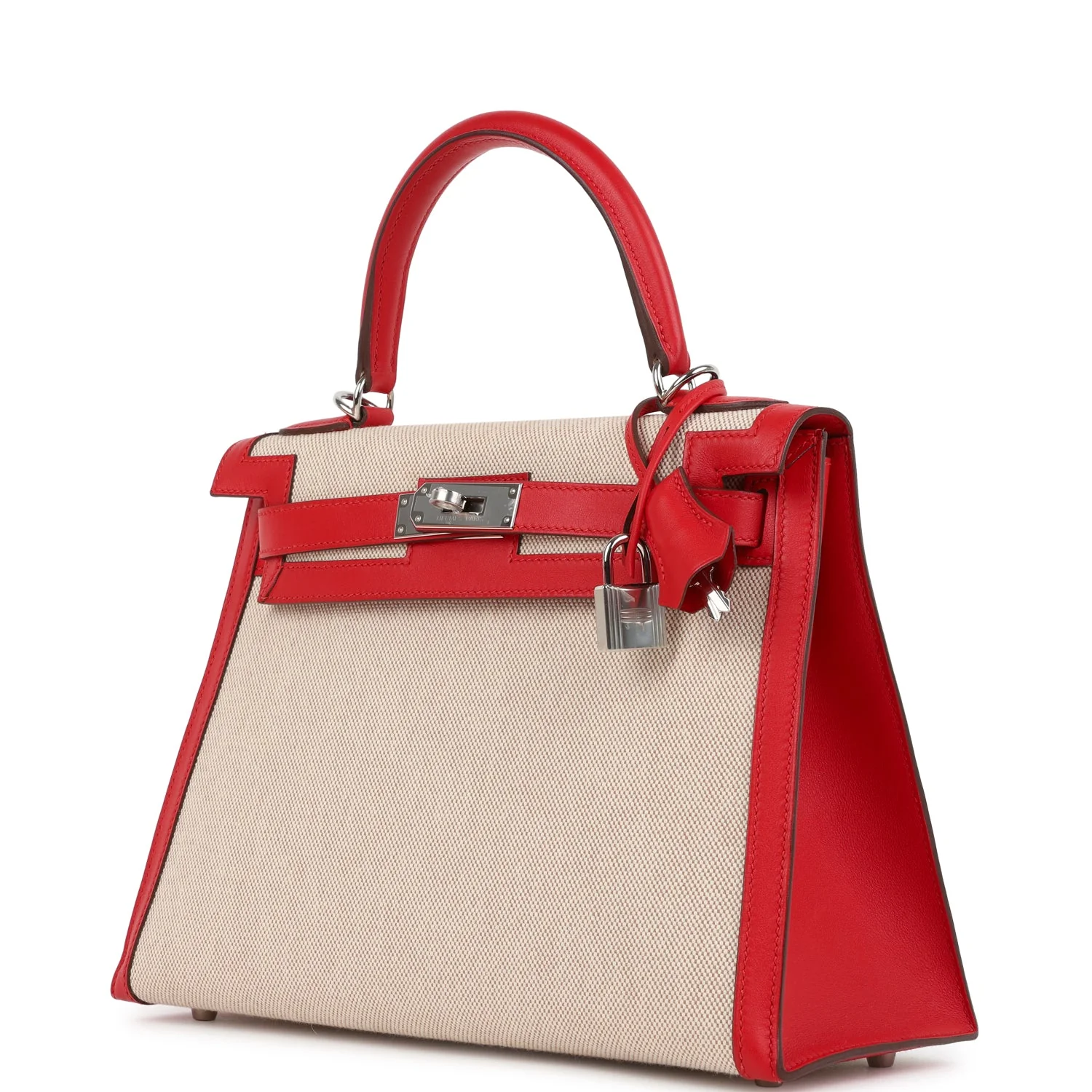 Pre-owned Hermes Kelly Sellier 28 Rouge De Coeur Swift and Beige-Ecru Toile H Canvas Palladium Hardware