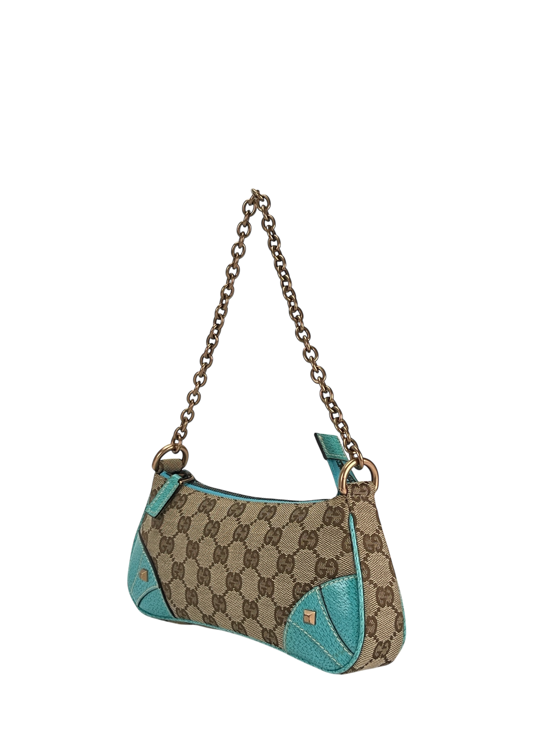 GUCCI - Beige Ophidia Blue Canvas Horsebit Nail Chain Shoulder Bag Pochette