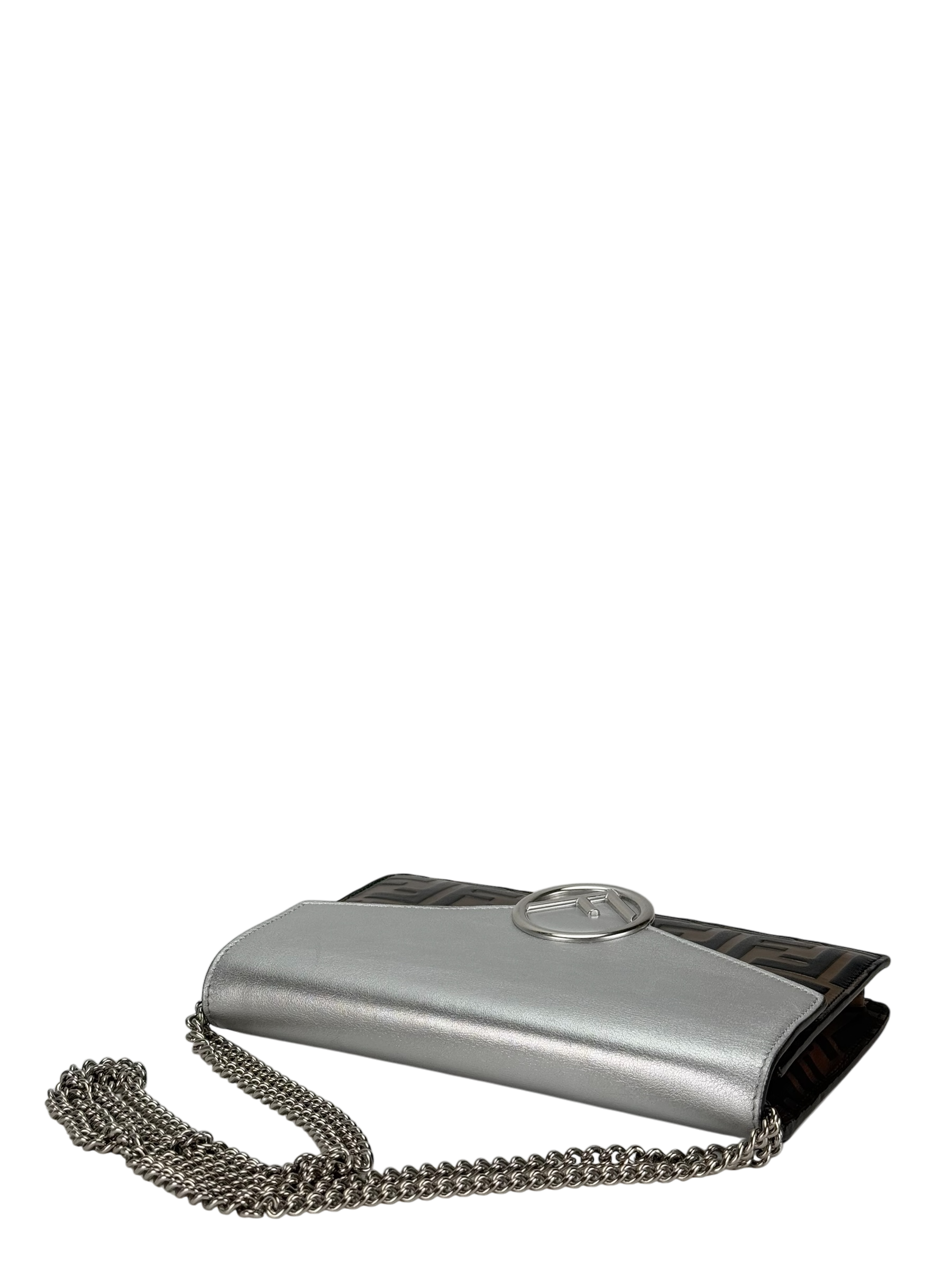 FENDI - Sliver FF Wallet On Chain leather Canvas handbag