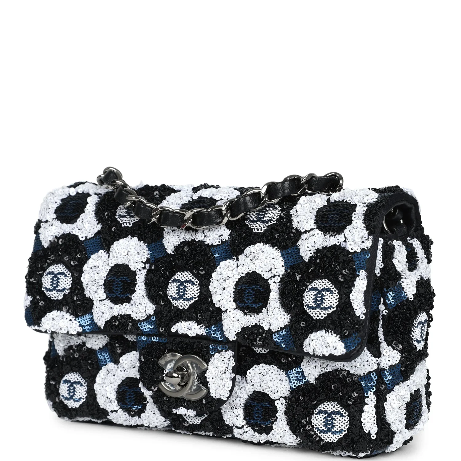 Chanel Mini Rectangular Flower Flap Bag Black, Navy and White Sequin Ruthenium Hardware