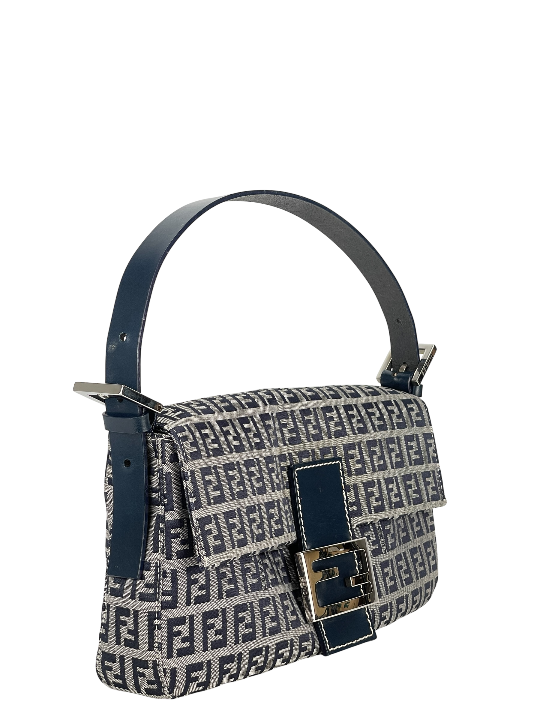 FENDI - Small Navy Canvas Zucchino Mamma Baguette Sliver Hardware