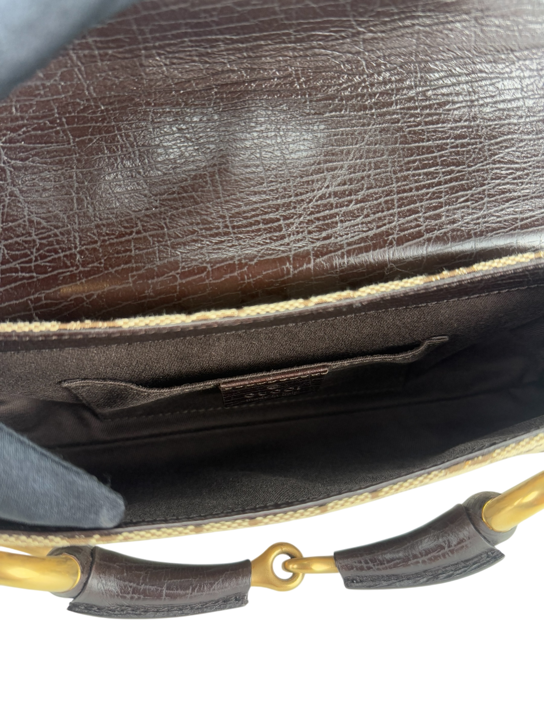 GUCCI -  Beige Brown 2WAY Horsebit Chain GG Canvas Handbag Clutch Bag