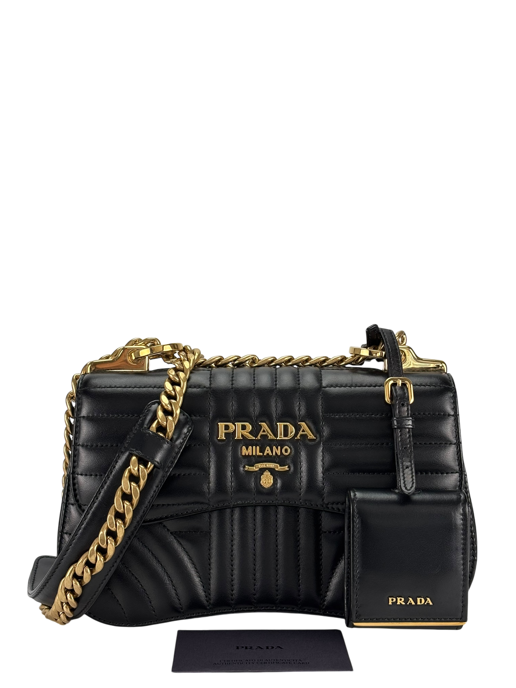 PRADA - Black Calfskin Soft Diagramme Crossbody Bag