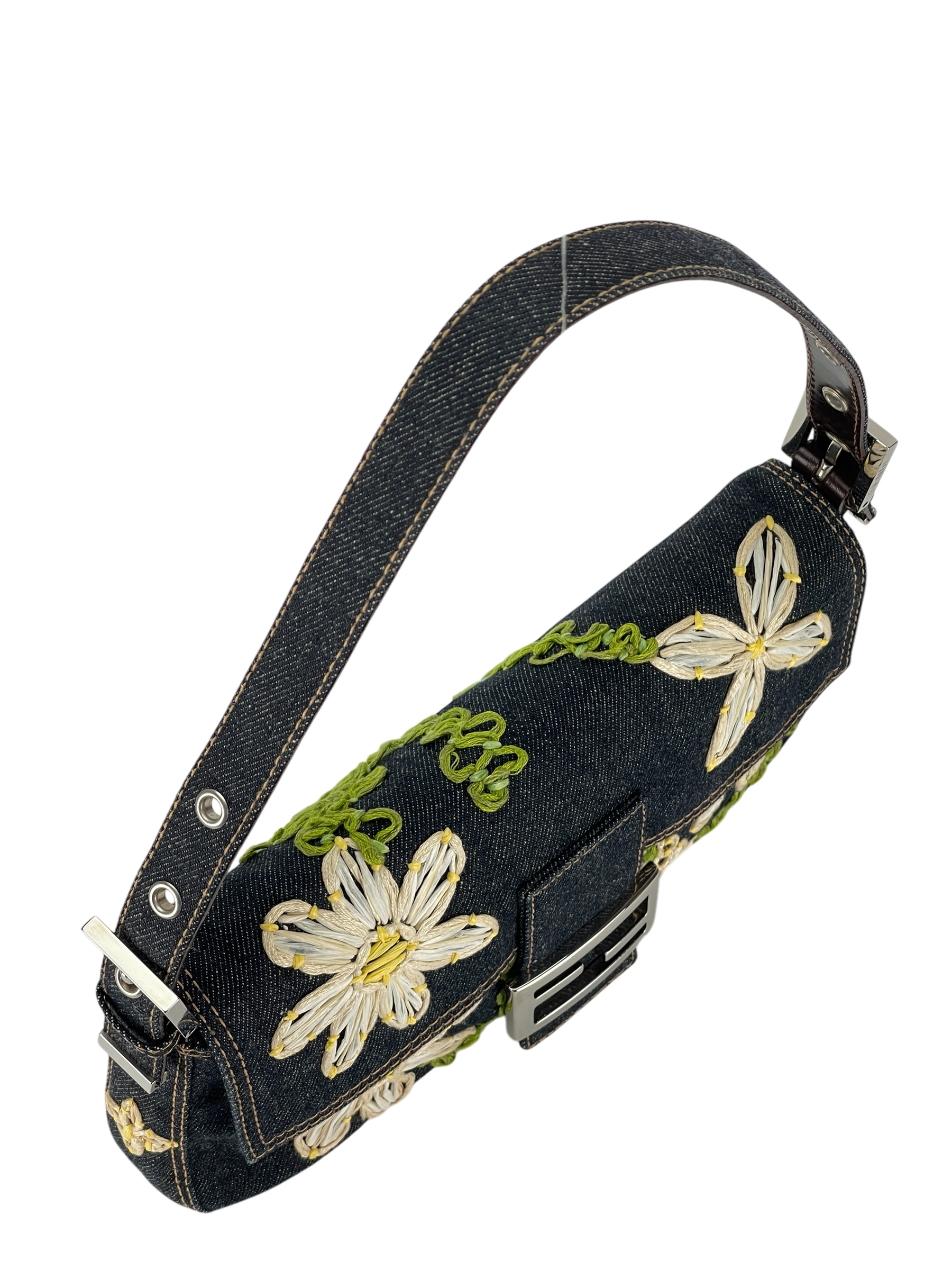 FENDI - Blue Denim Baguette in Dark Embroided Flowers