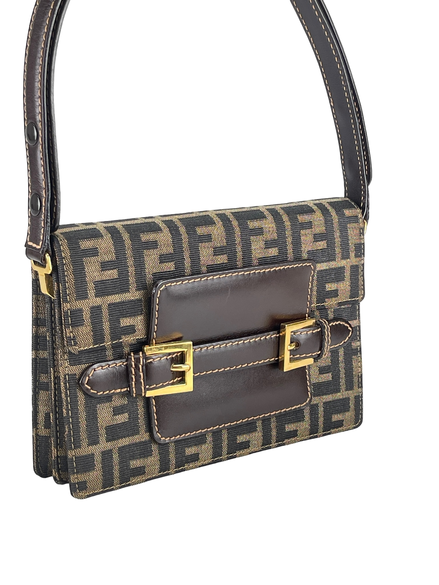 FENDI - Brown Zucca Belt Motif Shoulder Bag