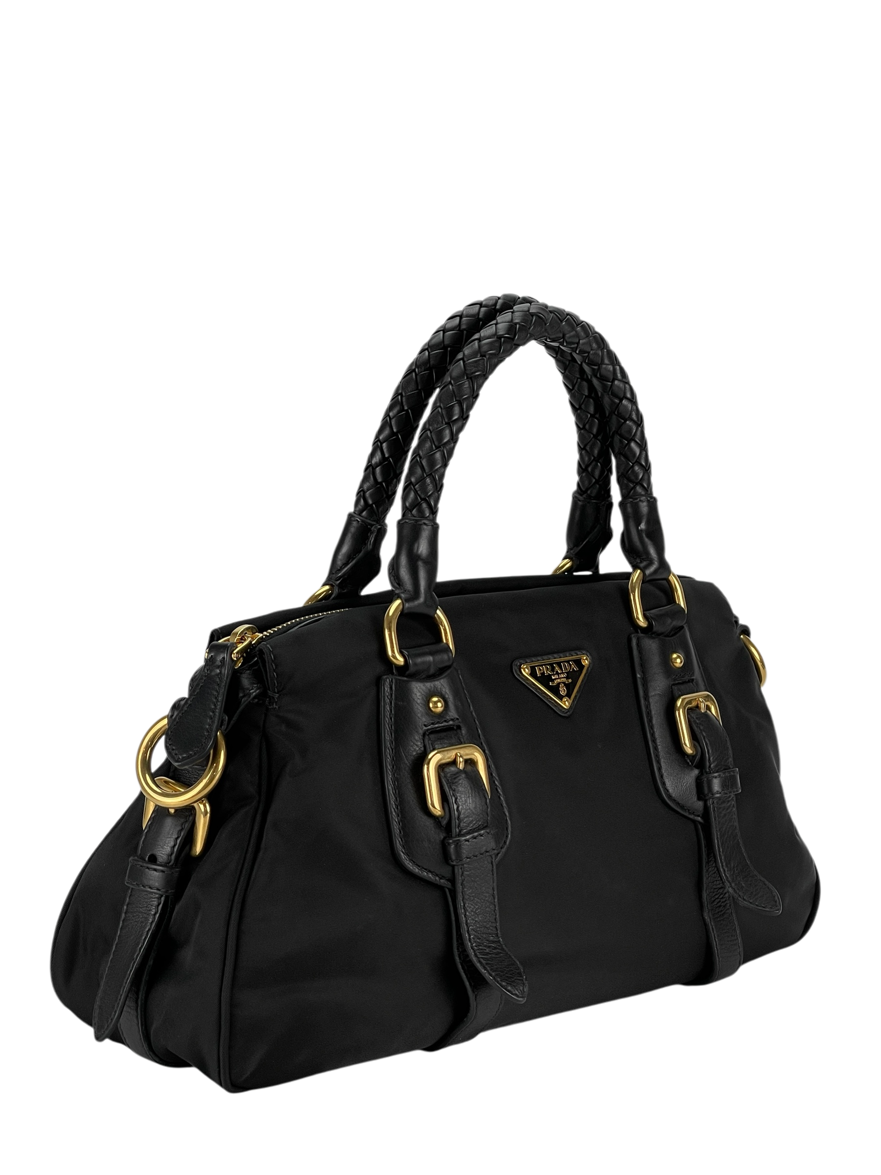 PRADA - Black Tessuto Nylon and Leather Bauletto Bag