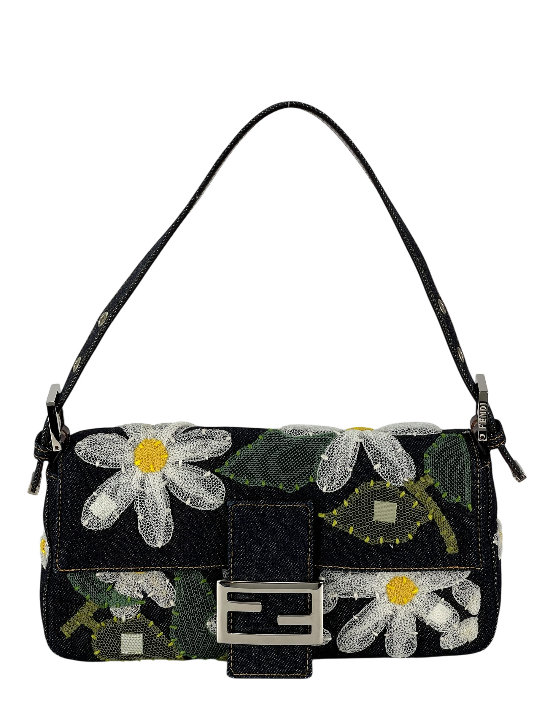 FENDI - Blue Denim Baguette in Dark Embroided Flowers