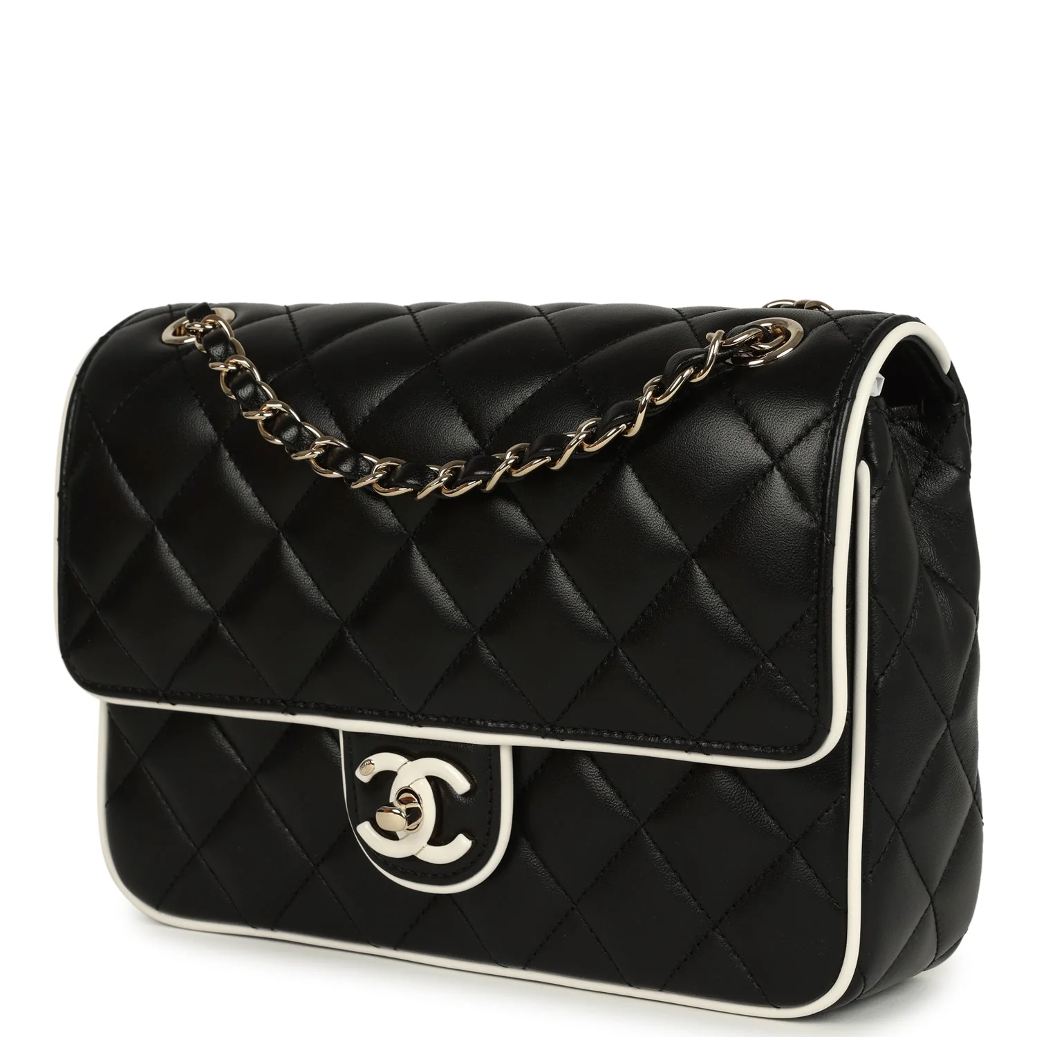 Chanel Small Graphic Frame Flap Bag Black and White Lambskin Light Gold Hardware