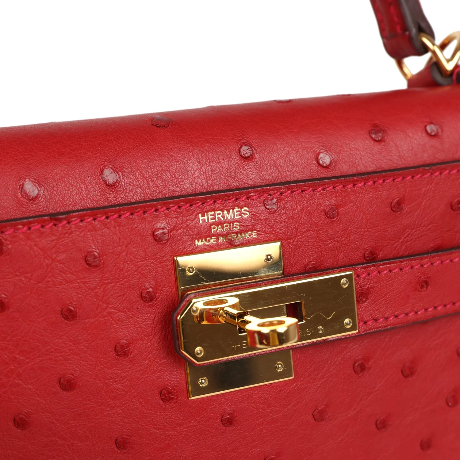 Pre-owned Hermes Kelly Sellier 28 Rouge Vif Ostrich Gold Hardware