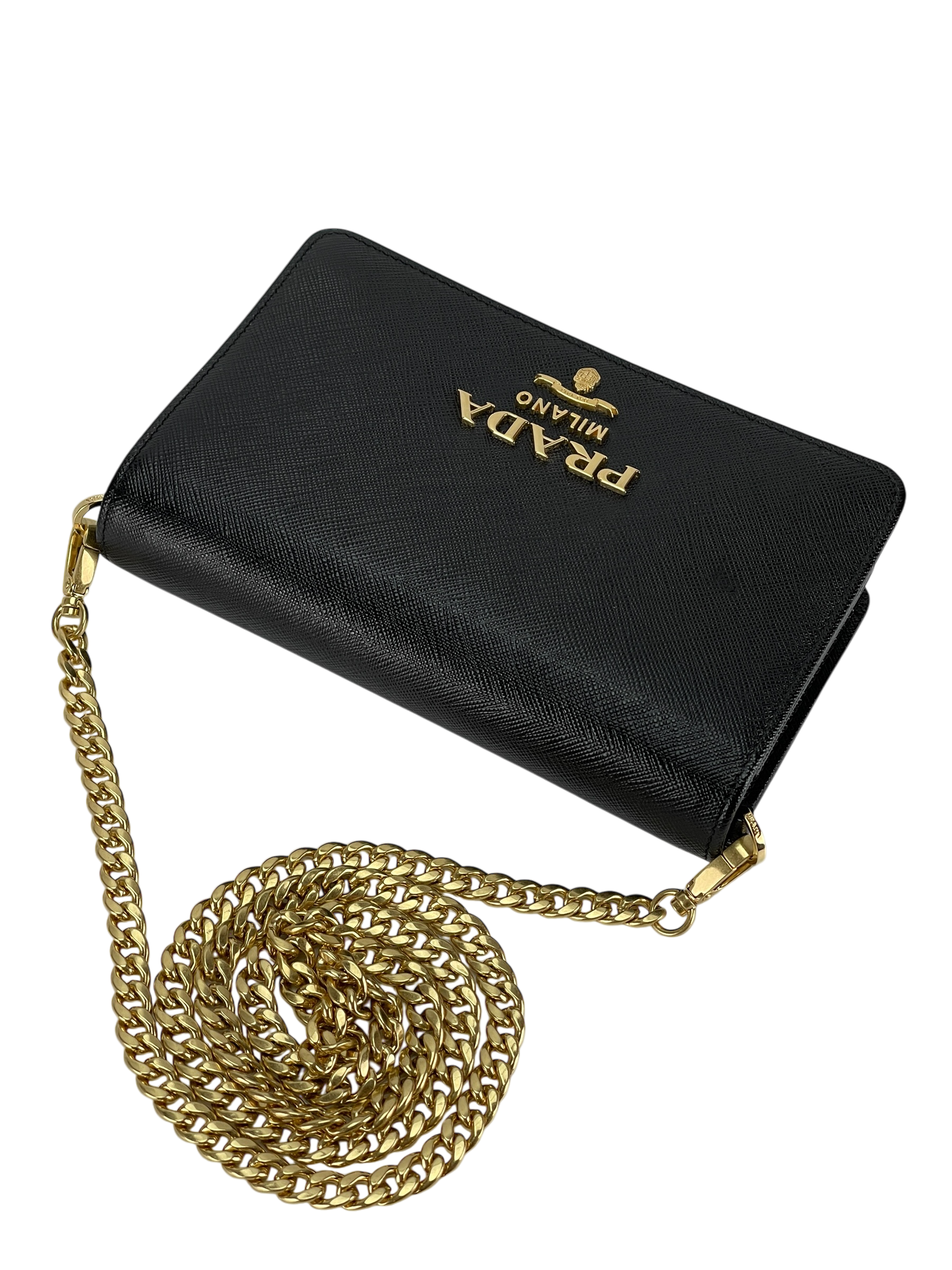 PRADA - Black Calfskin Leather Saffiano Chain Shoulder Bag Gold Hardware