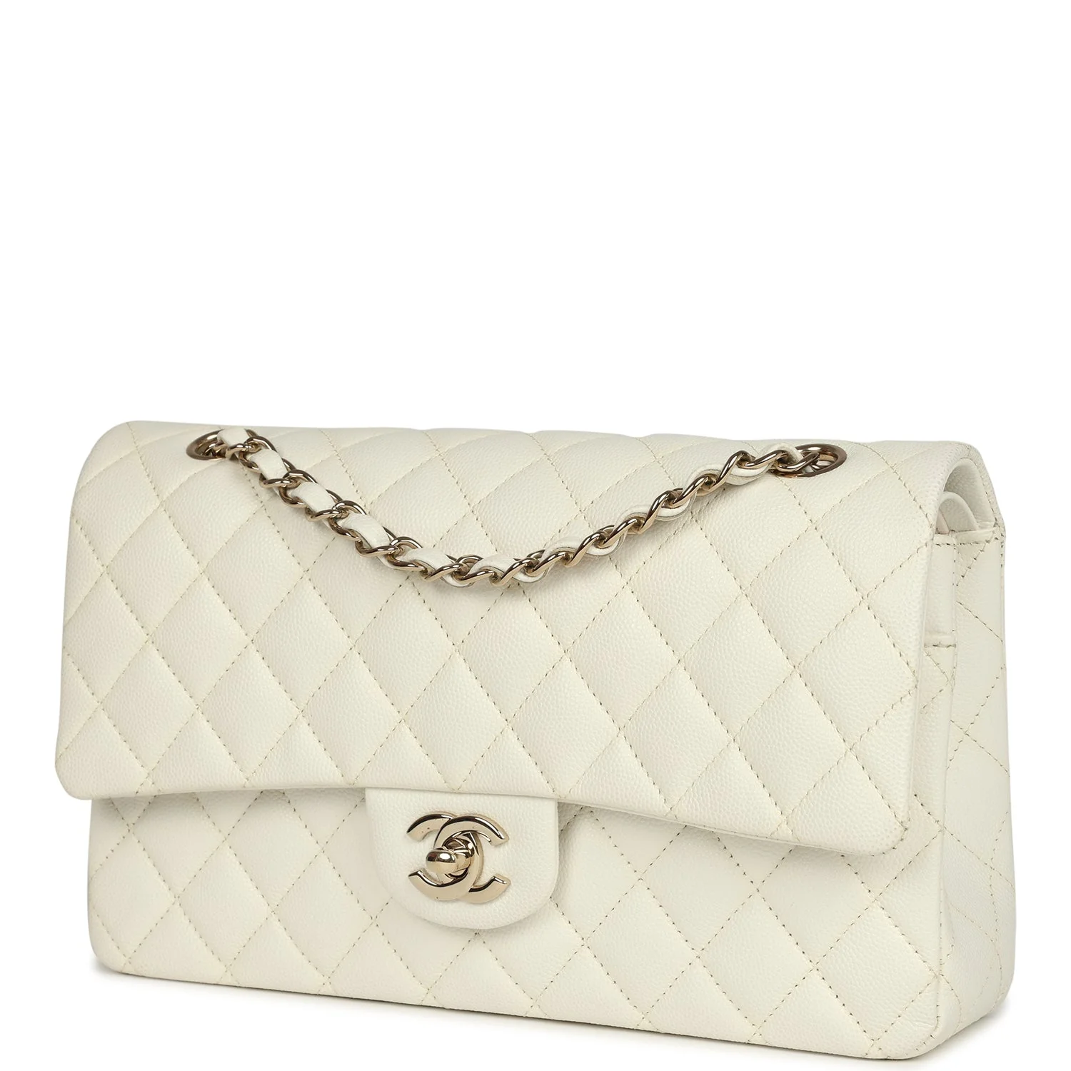 Pre-owned Chanel Medium Classic Double Flap White Caviar Light Gold Hardware