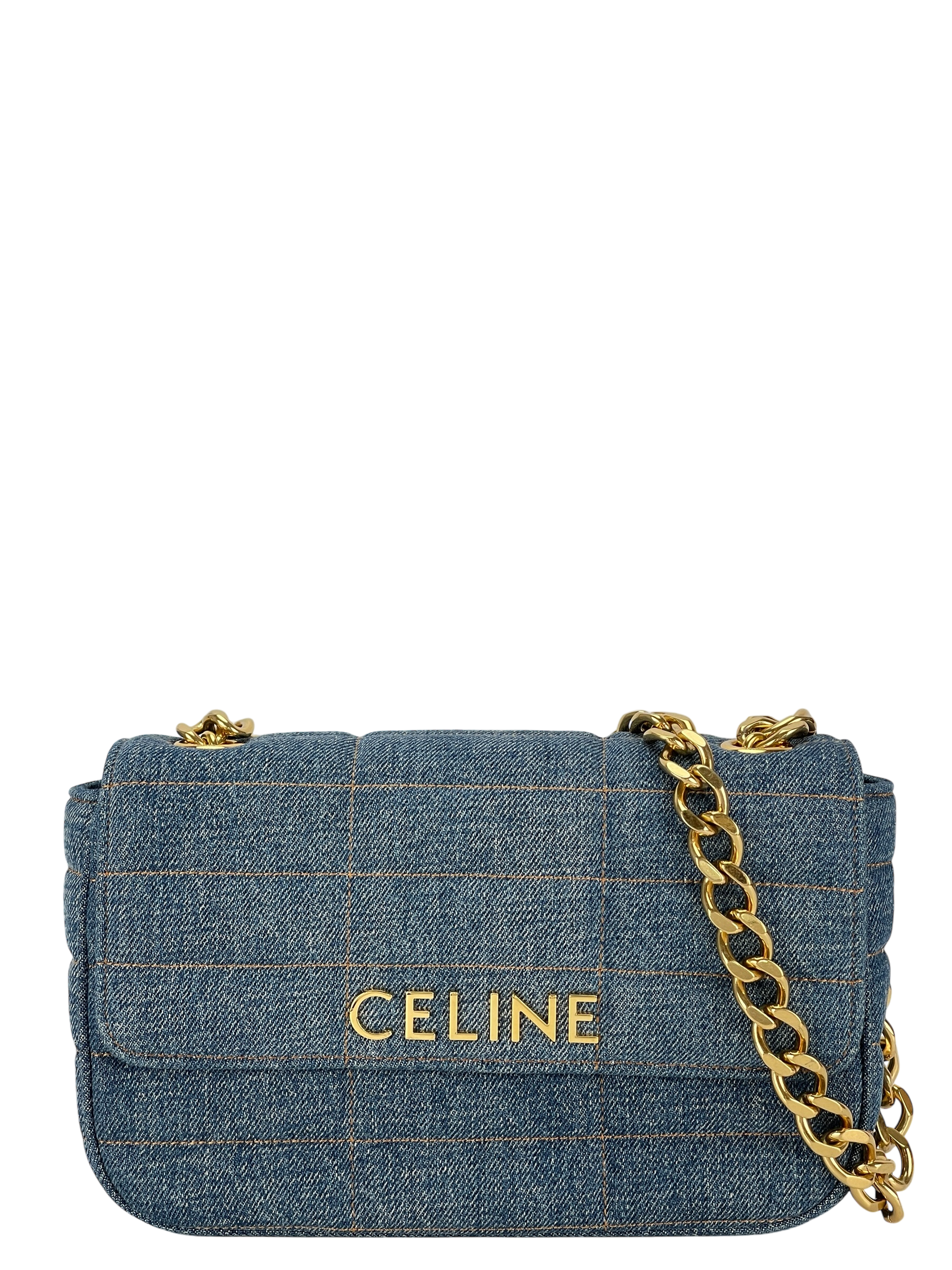 CELINE - Denim Matelasse Logo Shoulder Bag Gold Hardware