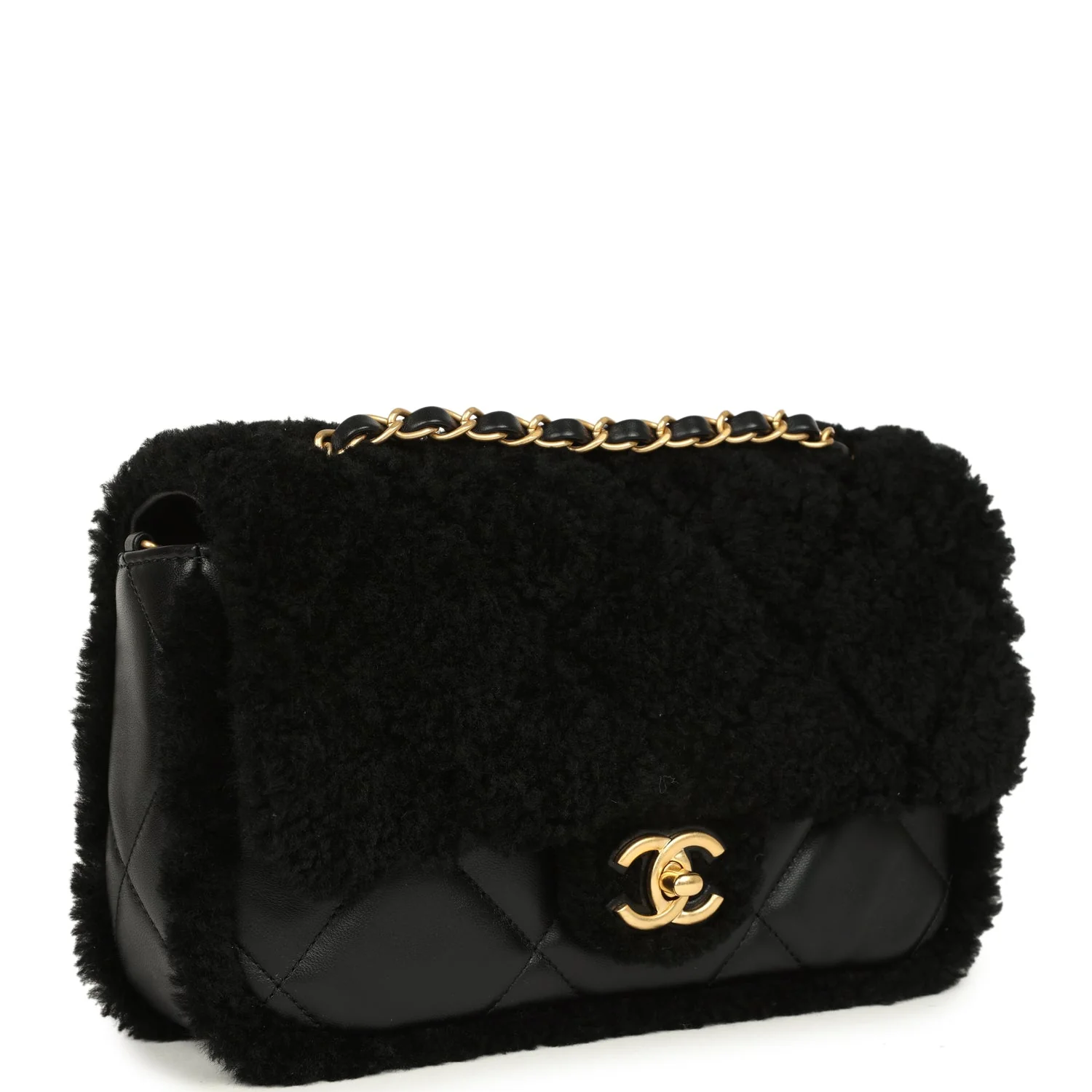 Chanel Medium Shearling Flap Bag Black Lambskin Brushed Gold Hardware