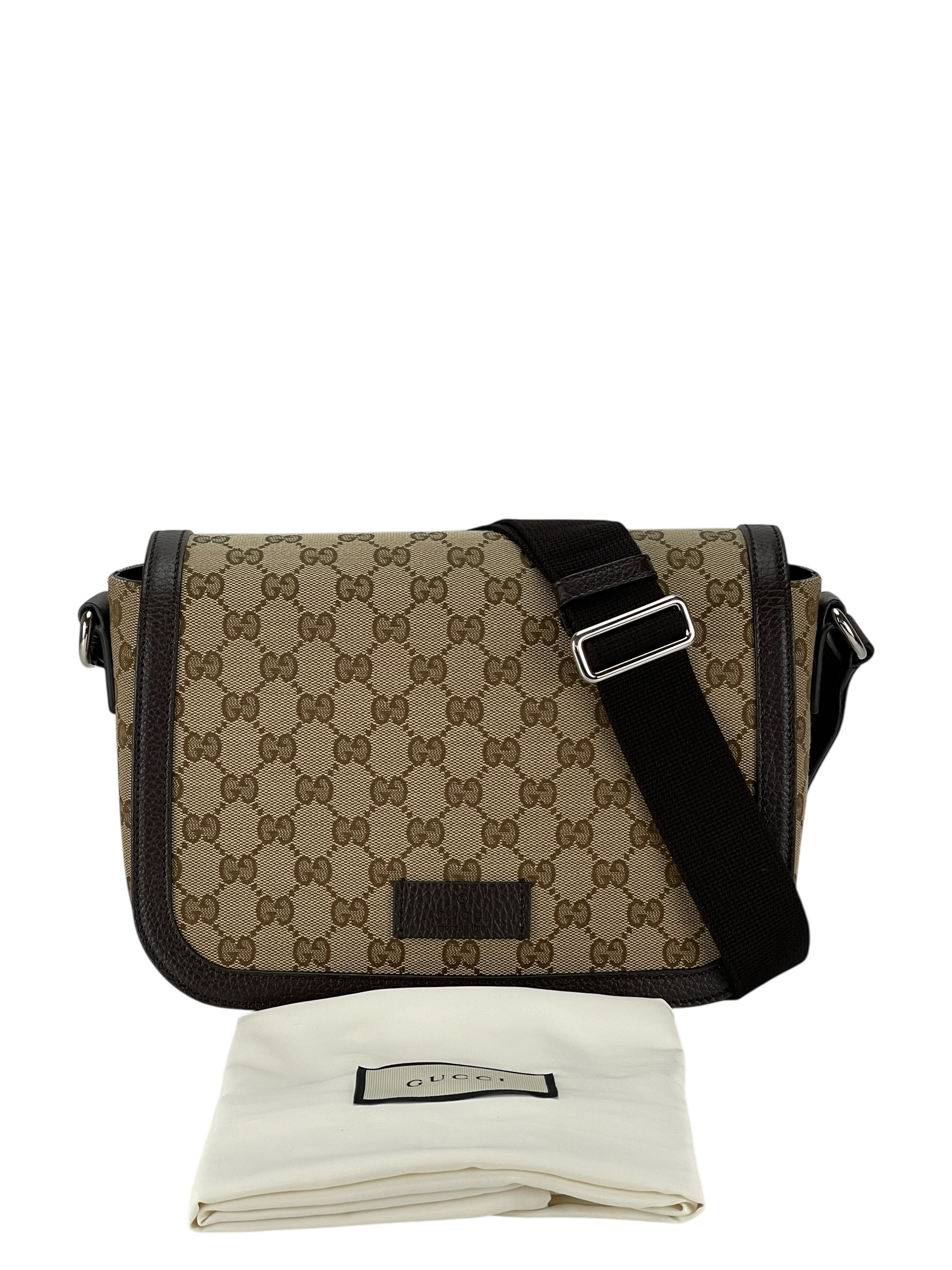 GUCCI  - Beige Brown GG Canvas Leather Flap Crossbody Bag Shoulder Bag