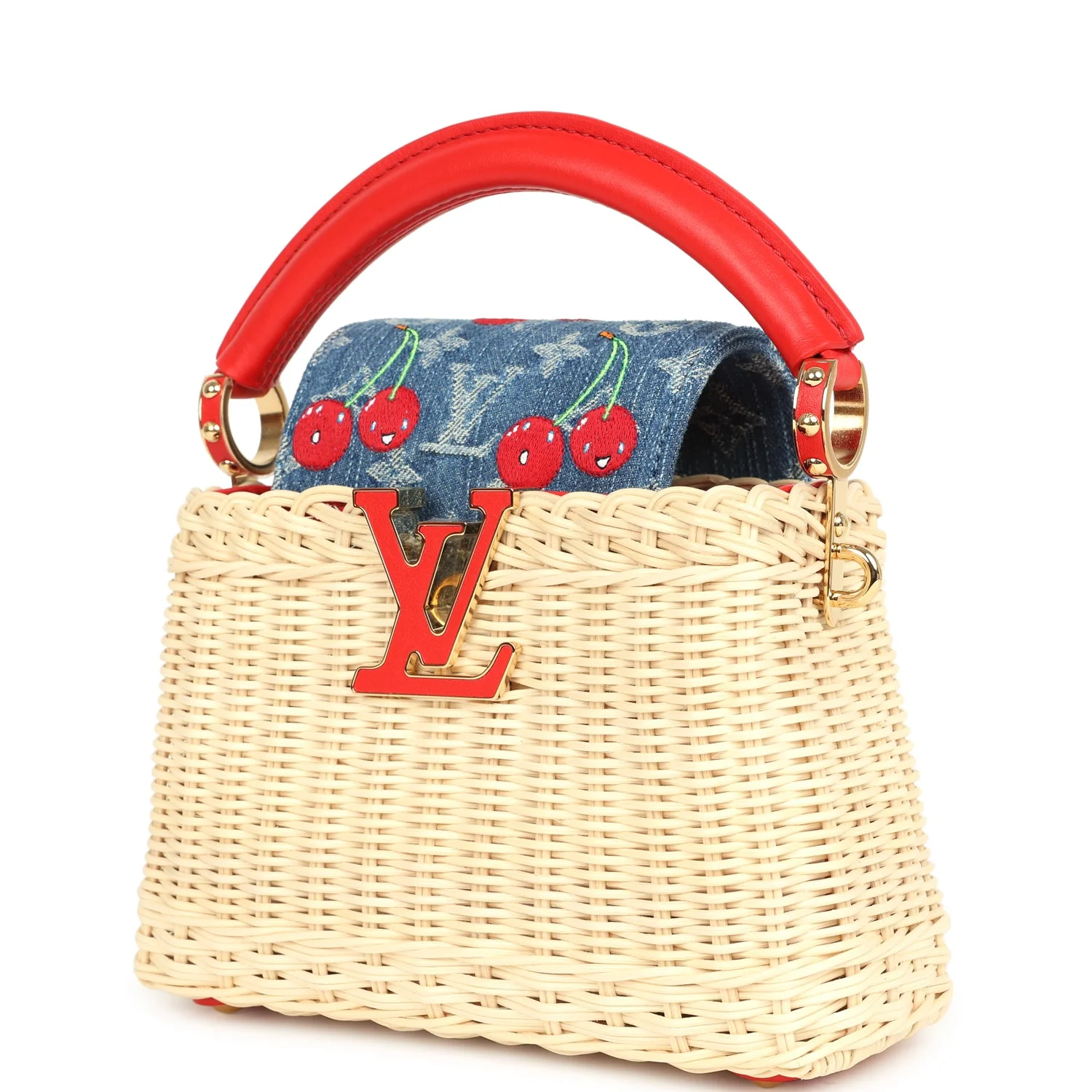 Louis Vuitton X Takashi Murakami Capucines Mini Red and Blue Monogram Cherry Denim and Rattan Wicker Gold Hardware