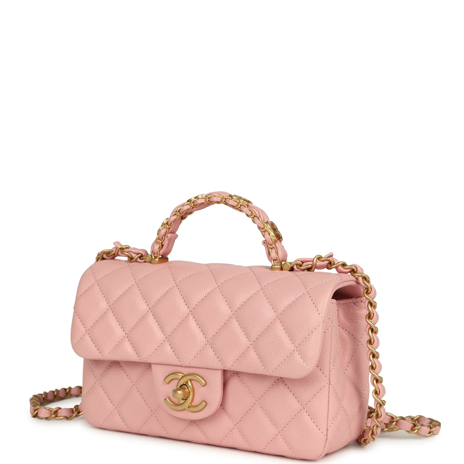 Chanel Mini Rectangular Flap Bag with CC Top Handle Pink Shiny Caviar Antique Gold Hardware