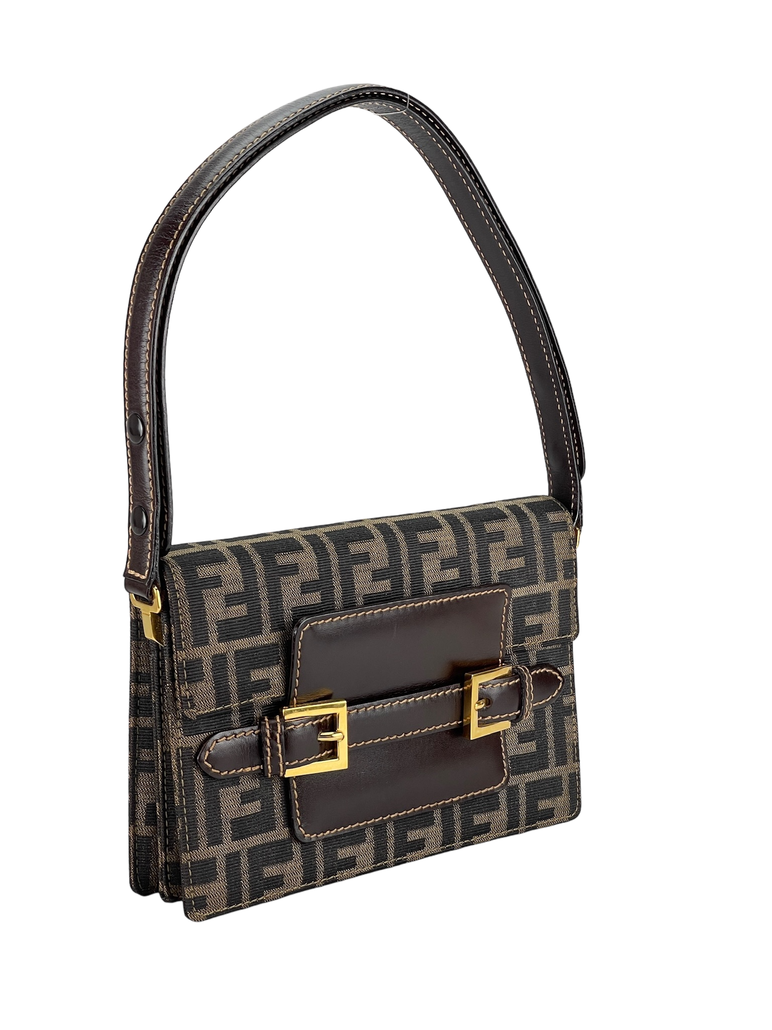 FENDI - Brown Zucca Belt Motif Shoulder Bag