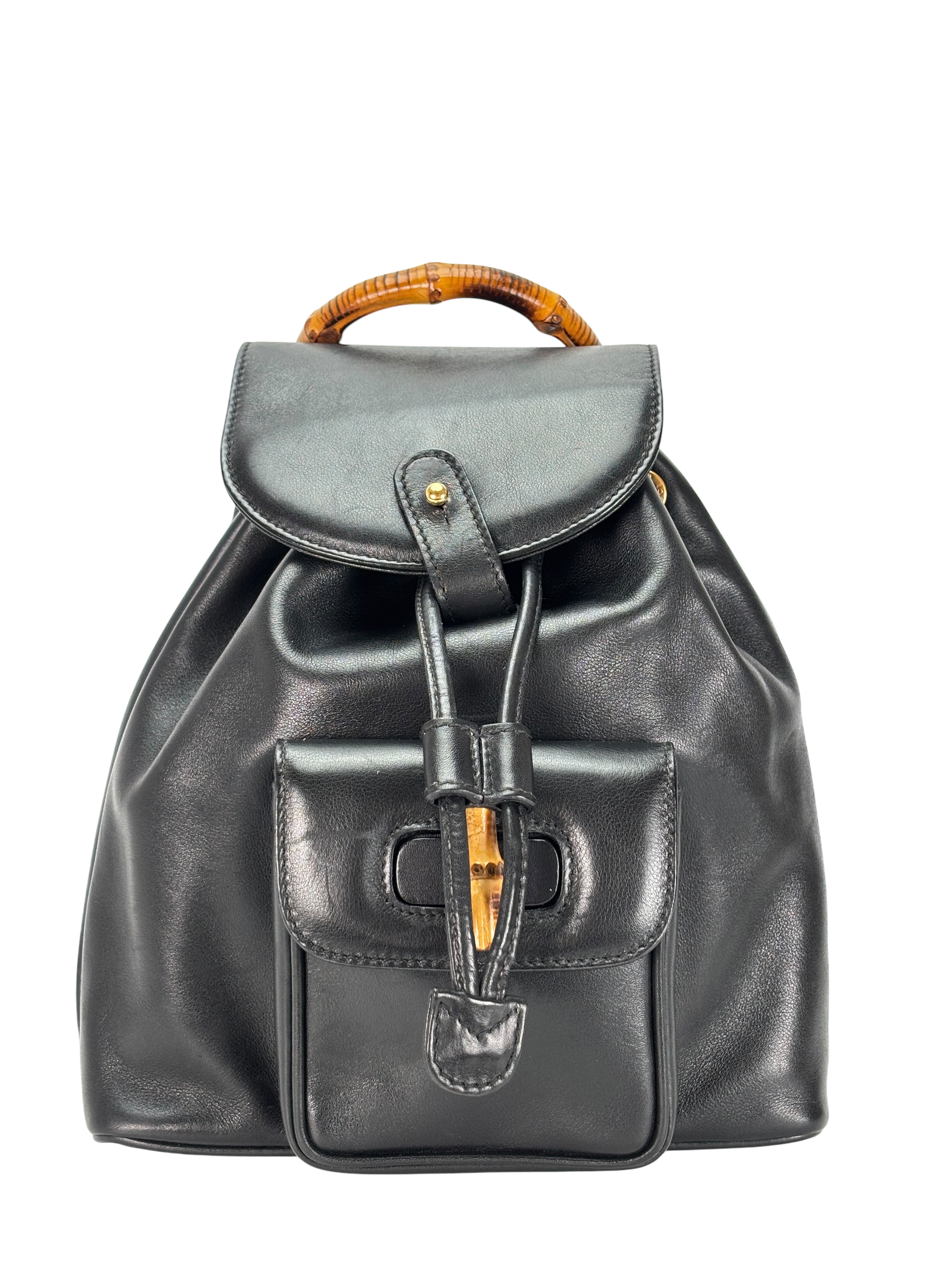 GUCCI - Vintage Black Leather Bamboo Backpack