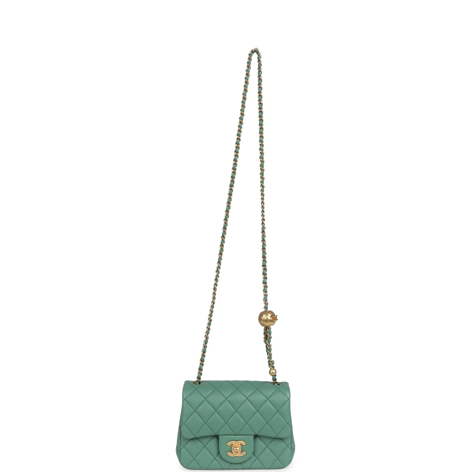 Chanel Mini Square Pearl Crush Flap Bag Green Lambskin Antique Gold Hardware